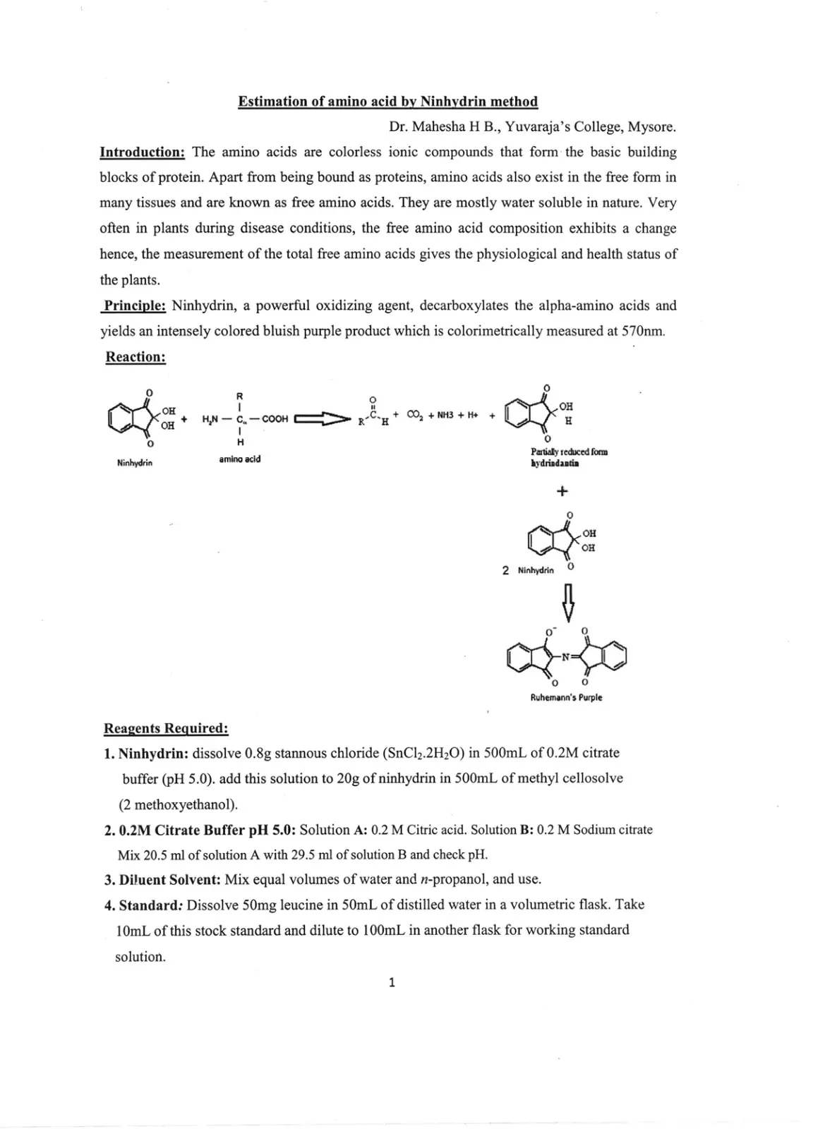 غلاف تقرير Estimation of amino acid by Ninhydrin method