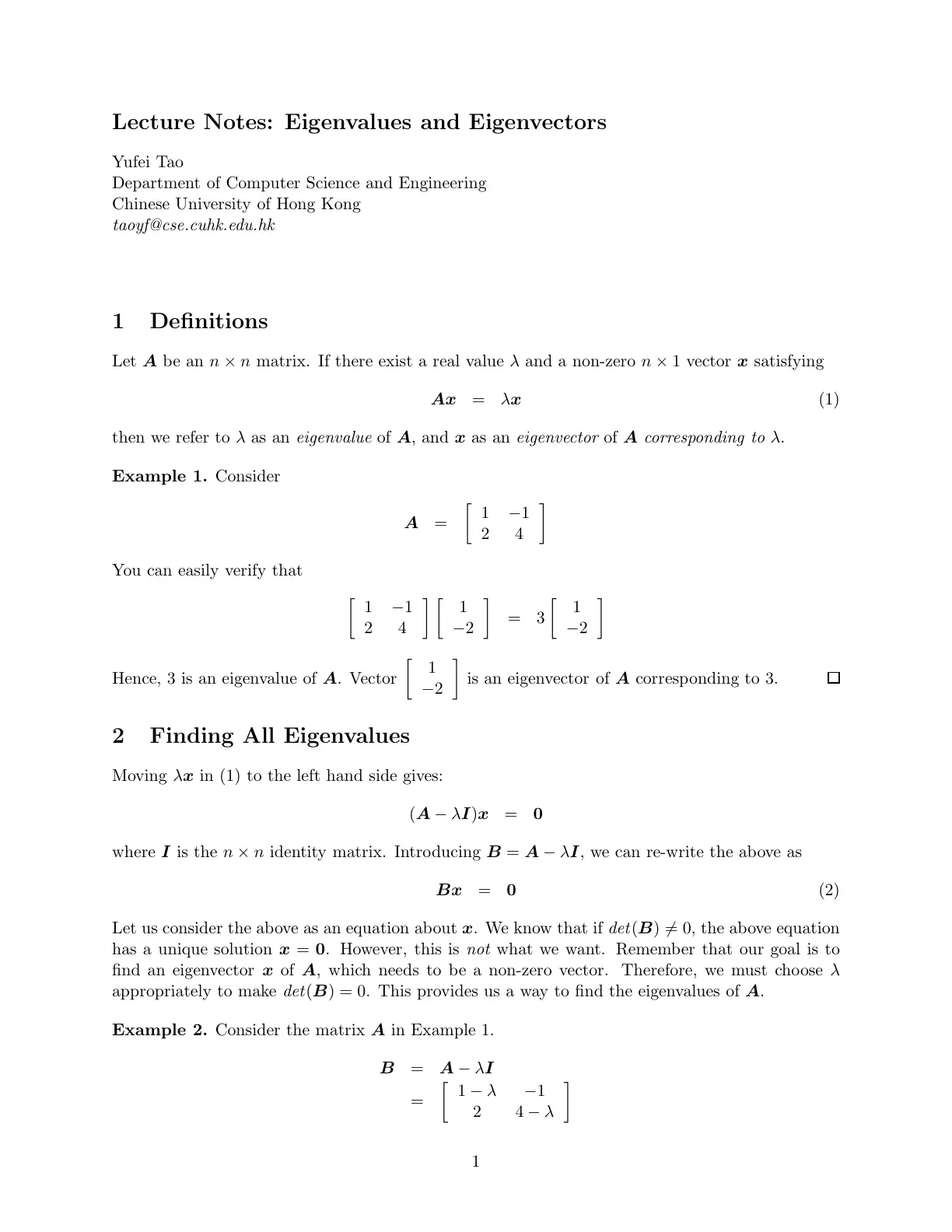 غلاف تقرير Lecture Notes: Eigenvalues and Eigenvectors