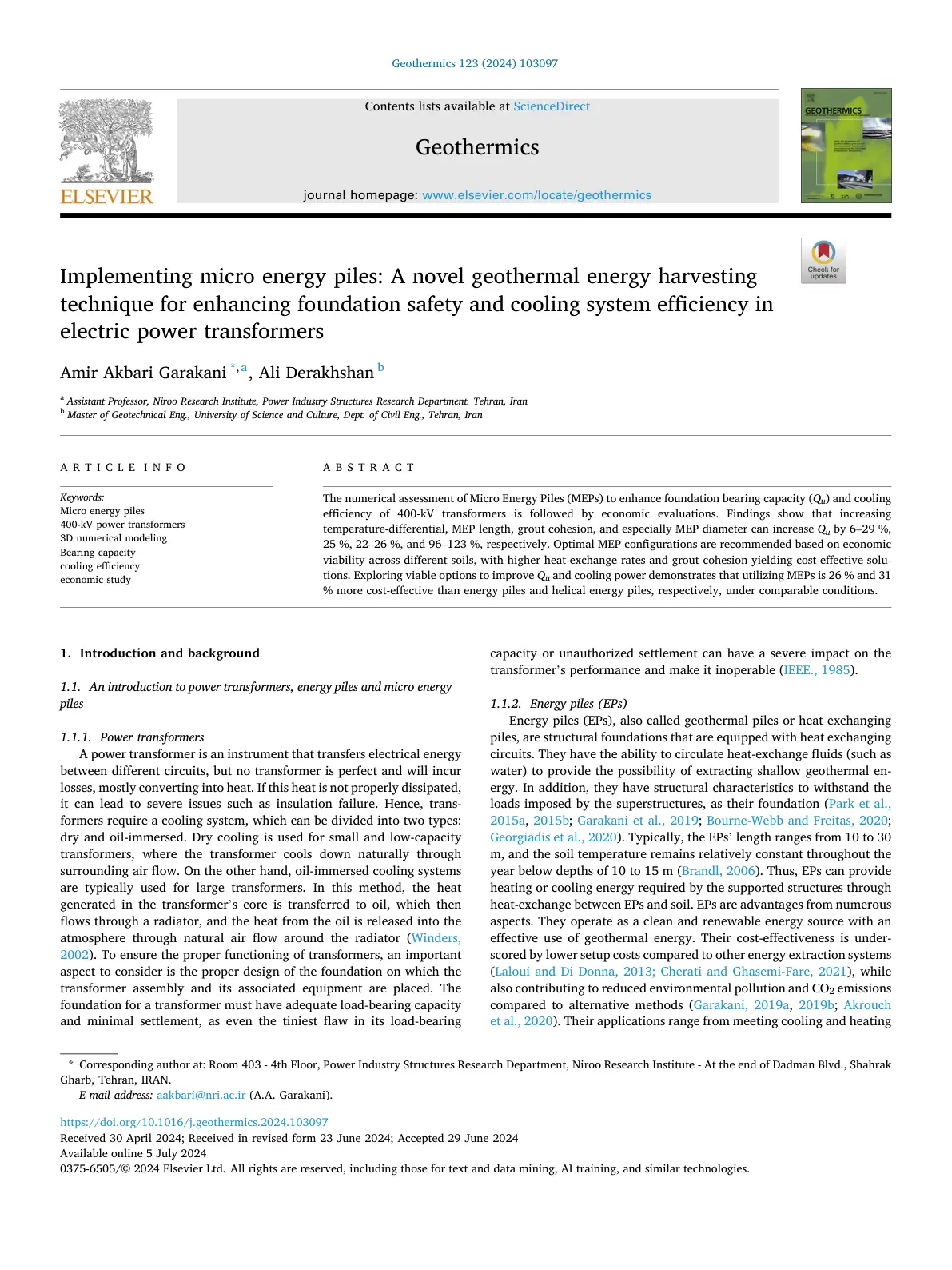 غلاف تقرير Implementing micro energy piles: A novel geothermal energy harvesting technique for enhancing foundation safety and cooling system efficiency in electric power transformers