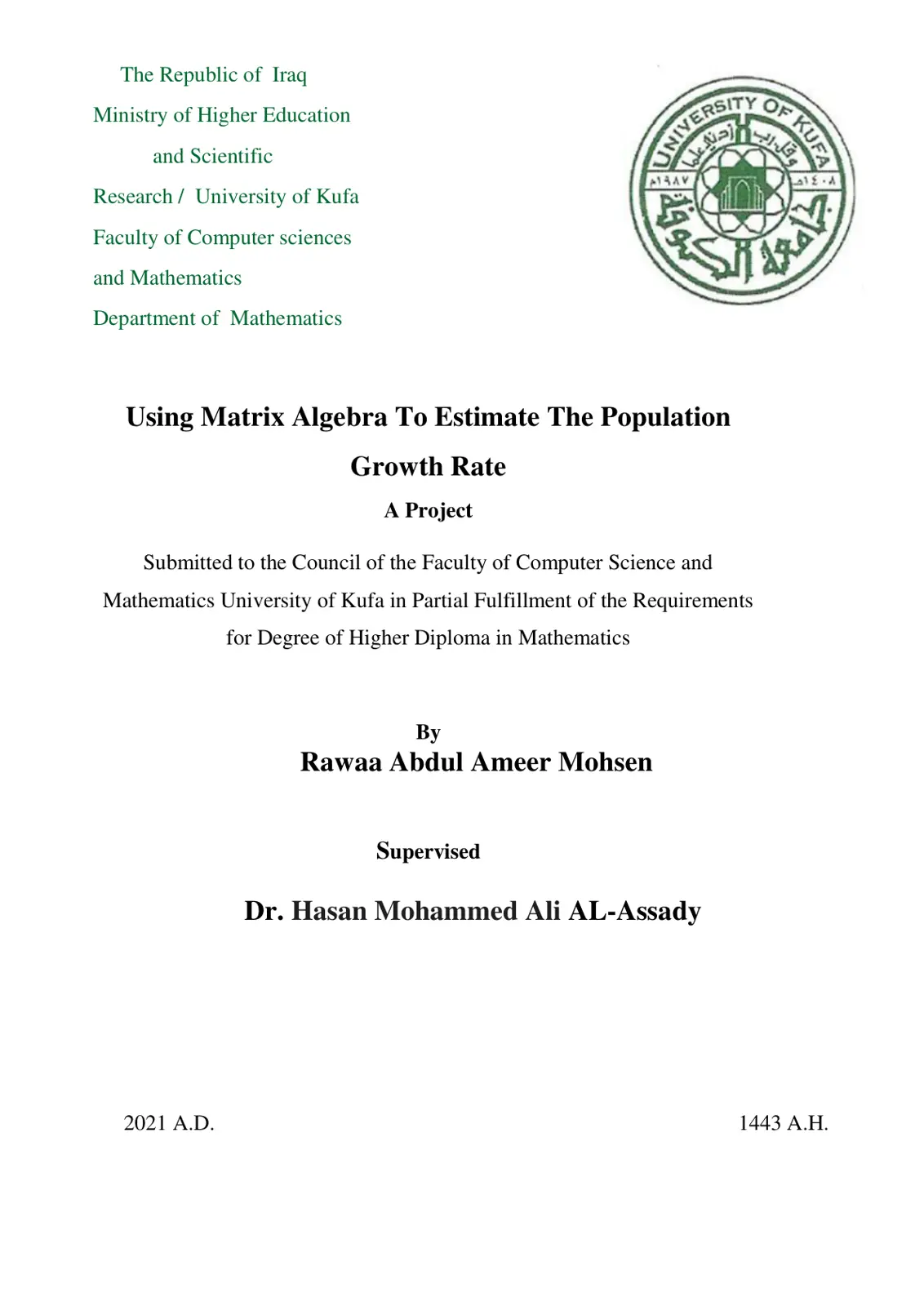 غلاف تقرير Using Matrix Algebra To Estimate The Population Growth Rate