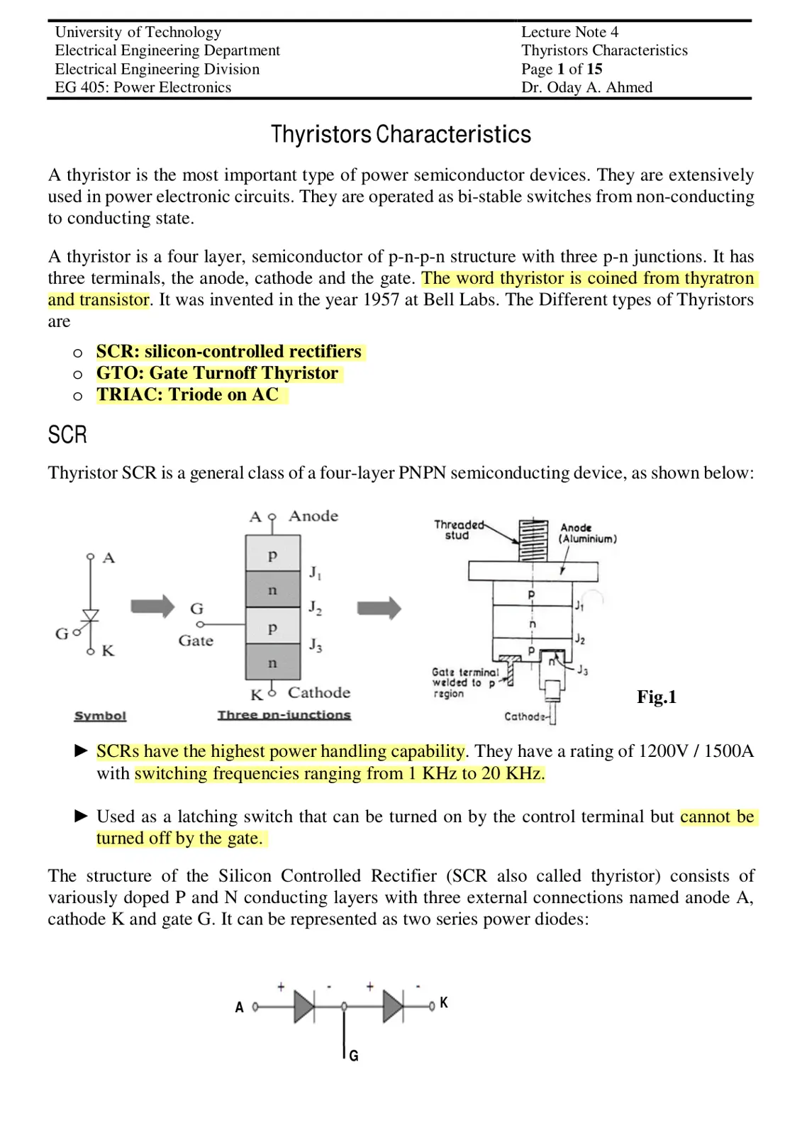 غلاف تقرير Thyristors Characteristics