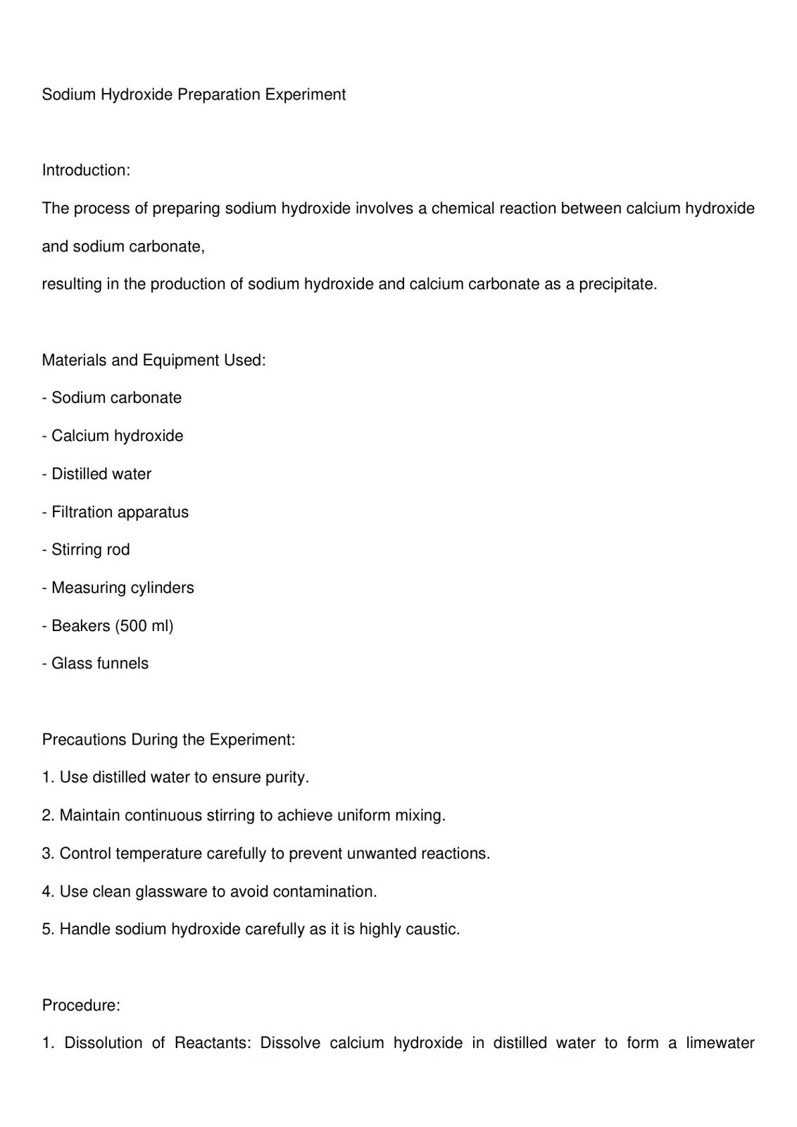 غلاف تقرير Sodium Hydroxide Preparation Experiment