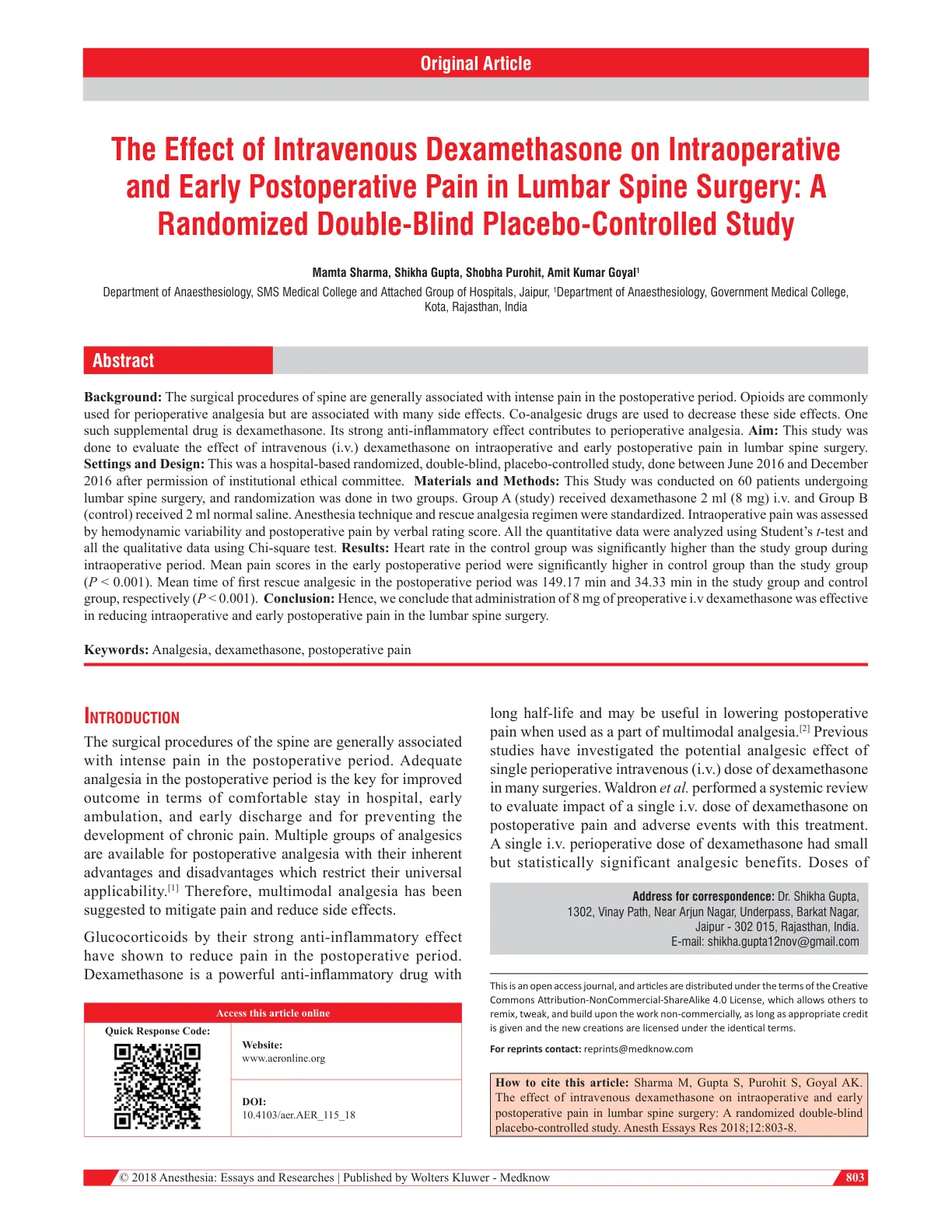 غلاف تقرير The Effect of Intravenous Dexamethasone on Intraoperative and Early Postoperative Pain in Lumbar Spine Surgery: A Randomized Double-Blind Placebo-Controlled Study