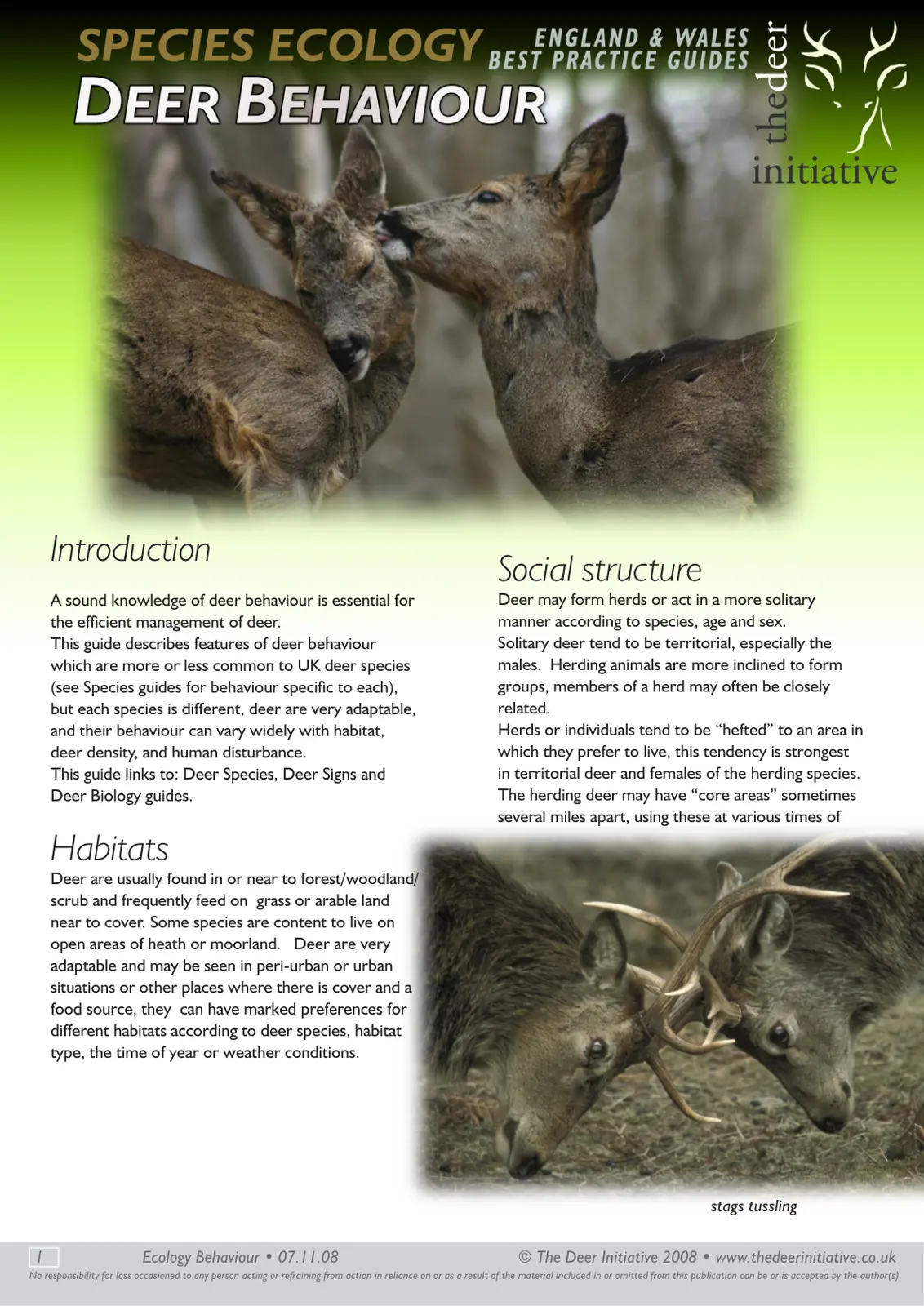 غلاف تقرير DEER BEHAVIOUR - SPECIES ECOLOGY BEST PRACTICE GUIDES