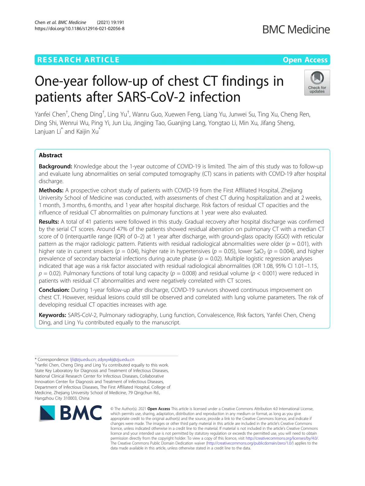 غلاف تقرير One-year follow-up of chest CT findings in patients after SARS-CoV-2 infection