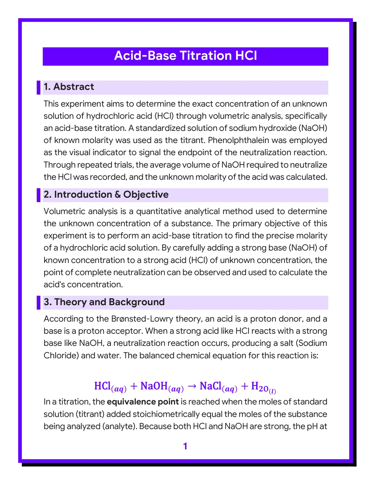 غلاف تقرير Acid-Base Titration HCl