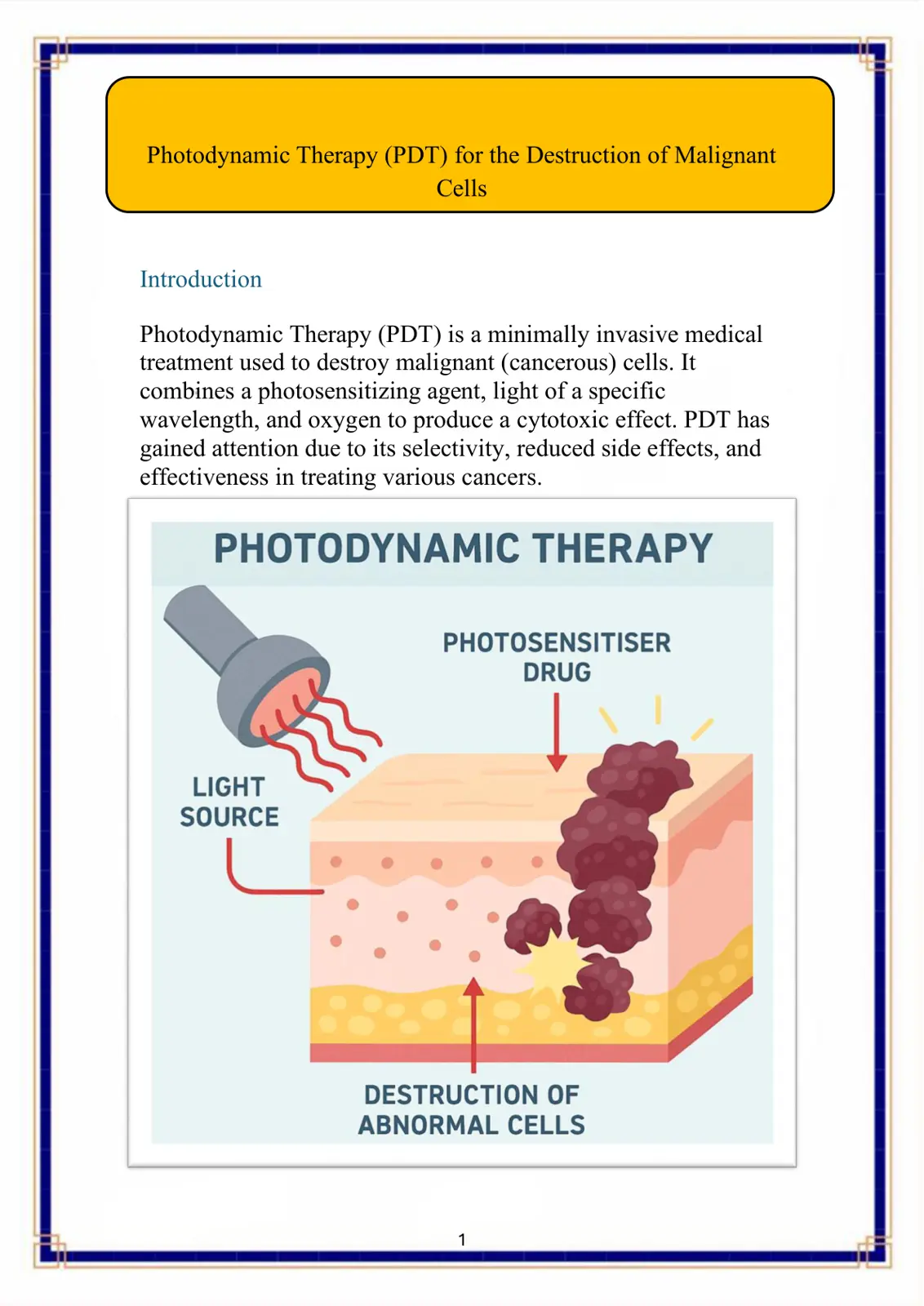غلاف تقرير Photodynamic Therapy (PDT) for the Destruction of Malignant Cells