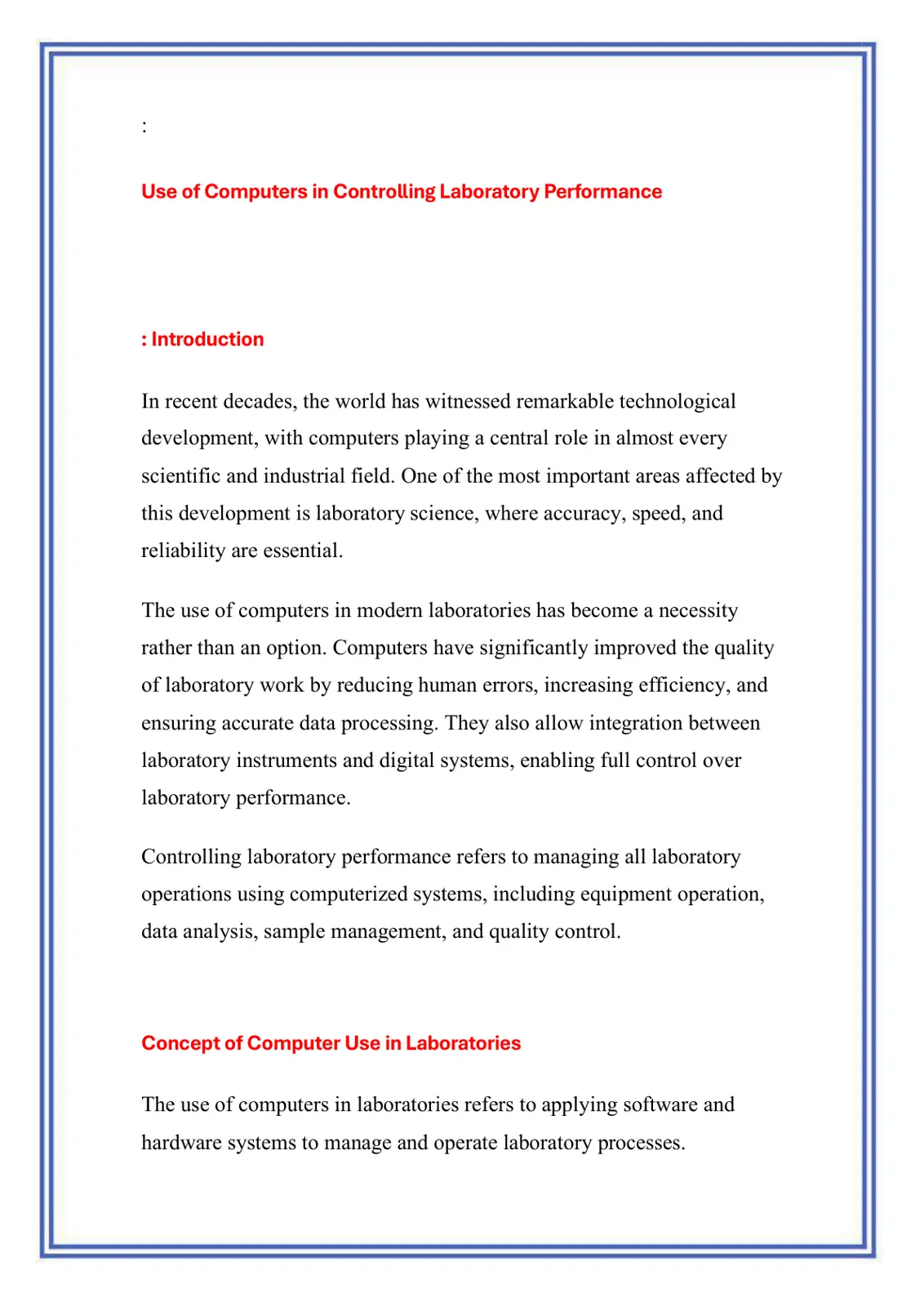 غلاف تقرير Use of Computers in Controlling Laboratory Performance