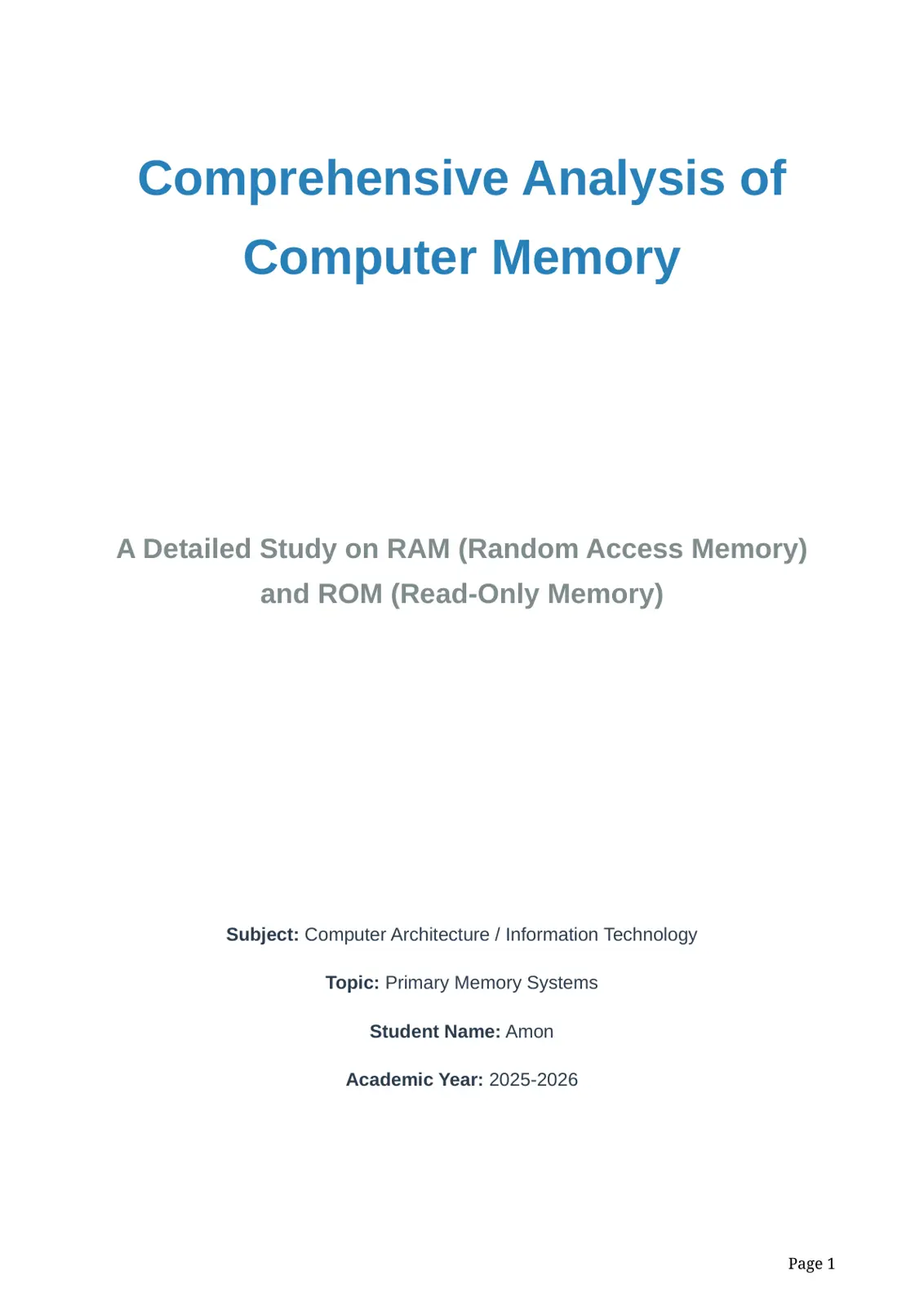 غلاف تقرير Comprehensive Analysis of Computer Memory