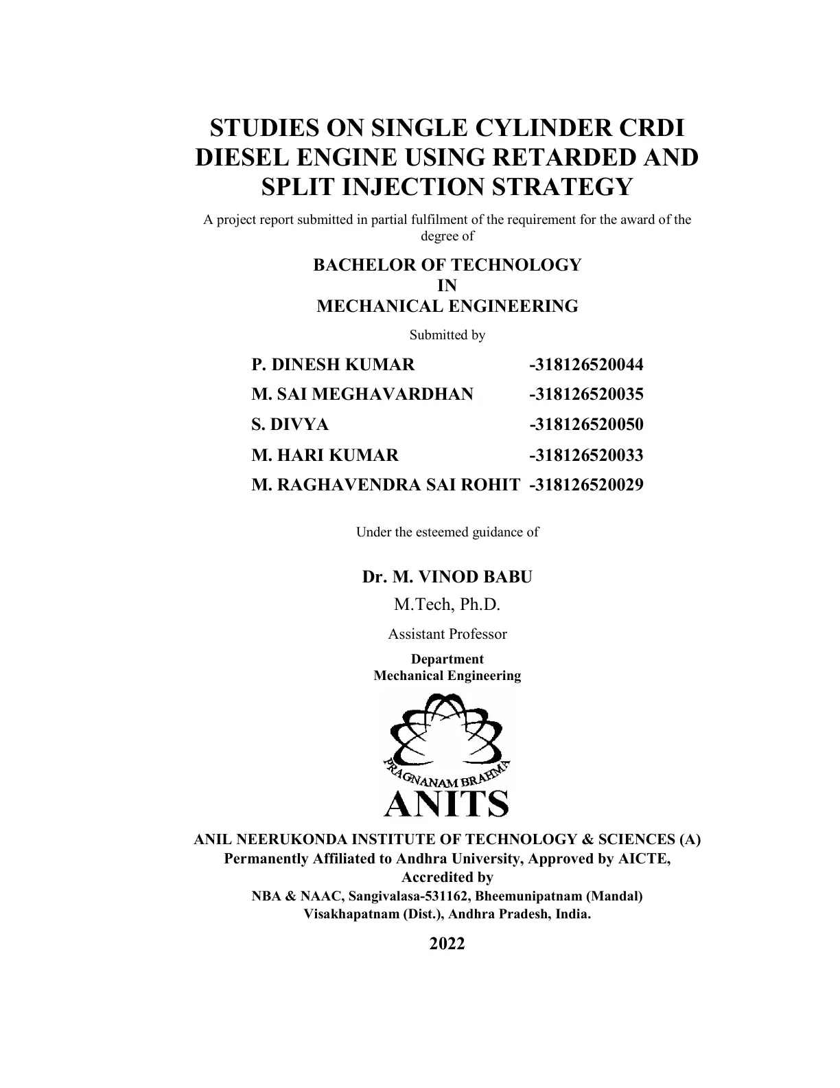 غلاف تقرير Studies on Single Cylinder CRDI Diesel Engine Using Retarded and Split Injection Strategy