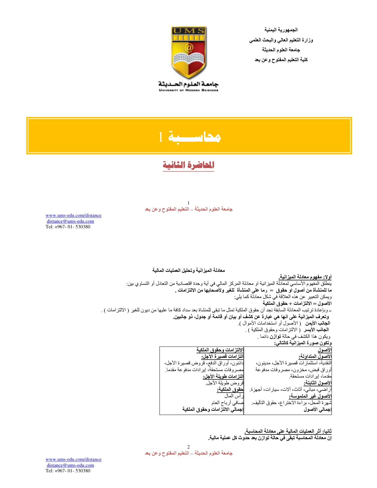 غلاف تقرير محاسبة 1 – المحاضرة الثانية: معادلة الميزانية وتحليل العمليات المالية