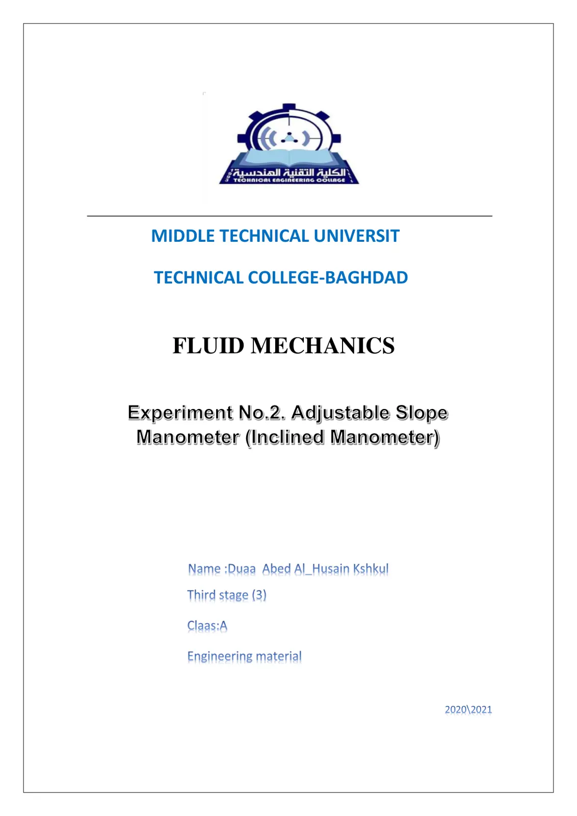 غلاف تقرير Fluid Mechanics Experiment No.2: Adjustable Slope Manometer