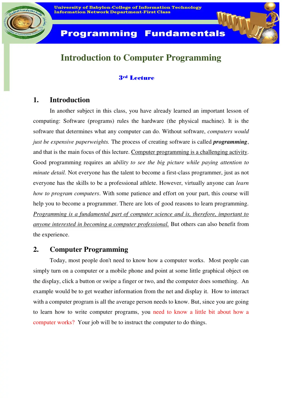 غلاف تقرير Programming Fundamentals