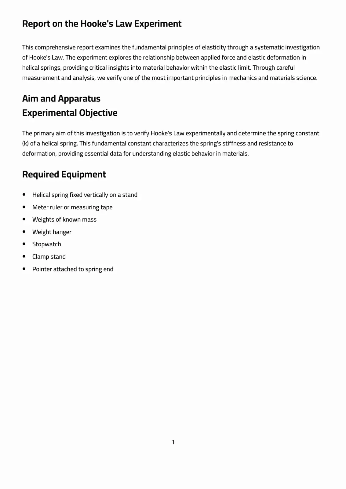 غلاف تقرير Report on the Hooke's Law Experiment