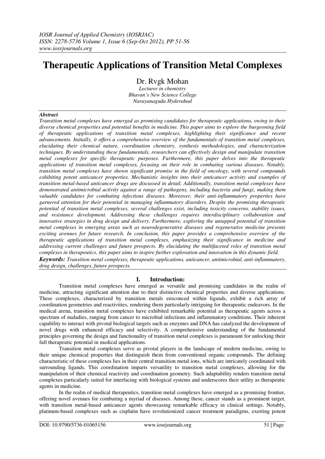 غلاف تقرير Therapeutic Applications of Transition Metal Complexes