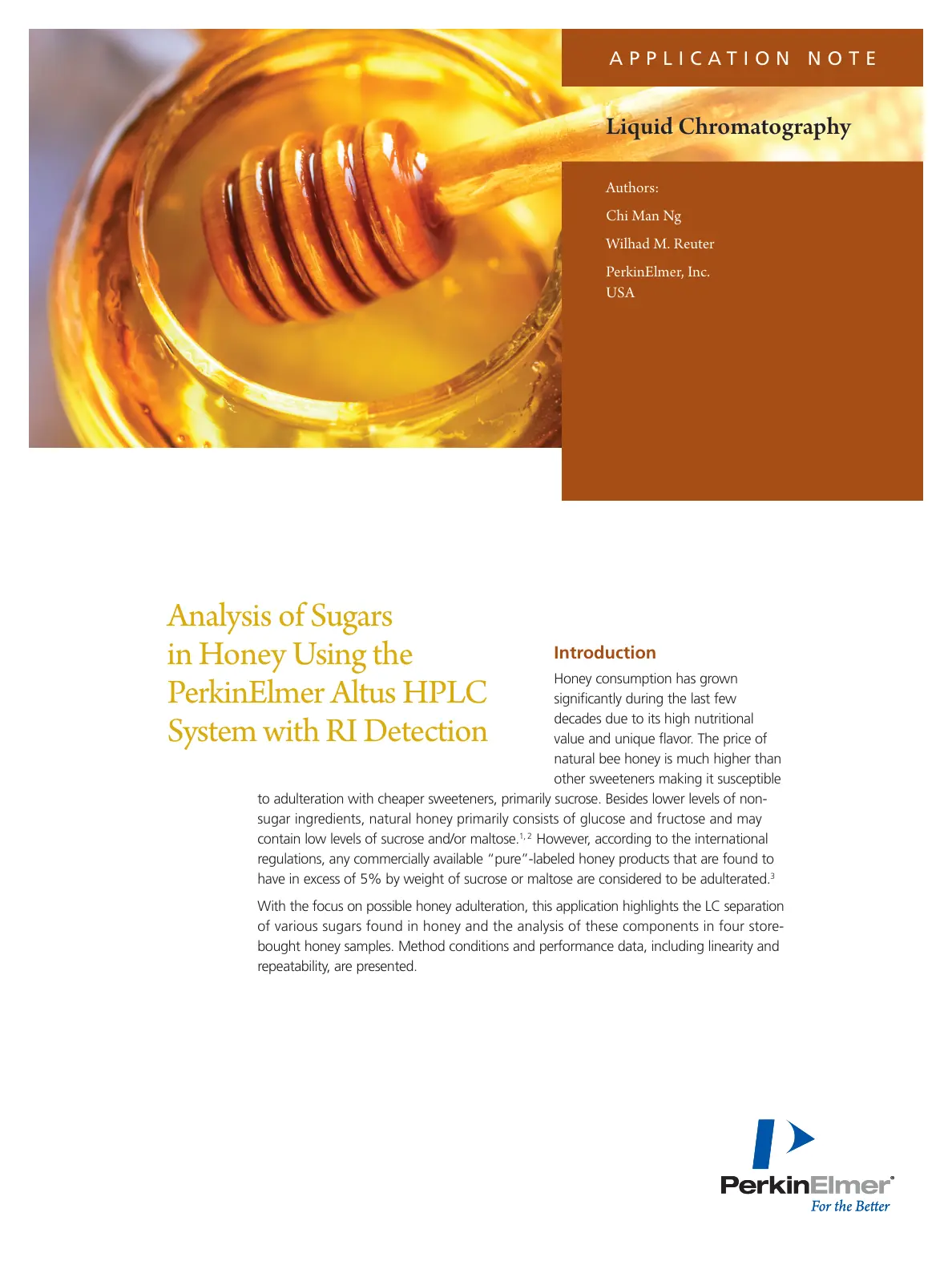 غلاف تقرير Analysis of Sugars in Honey Using the PerkinElmer Altus HPLC System with RI Detection