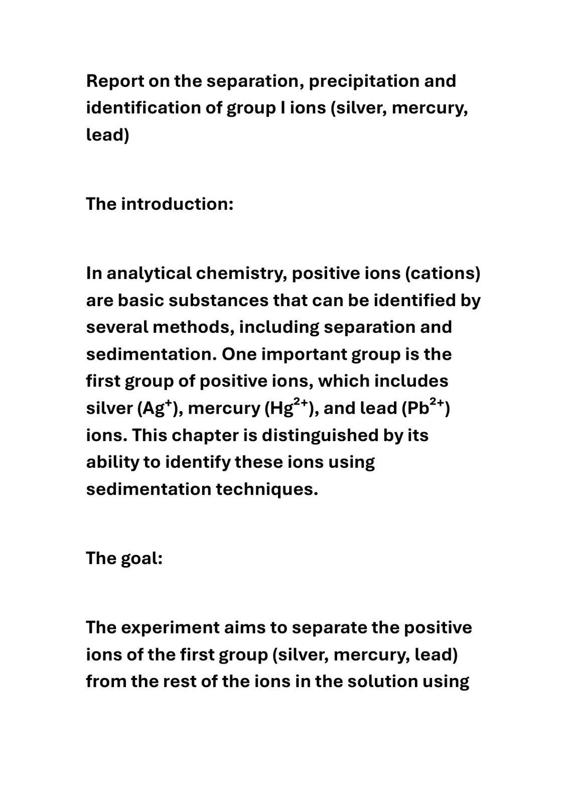 غلاف تقرير Report on the separation, precipitation and identification of group I ions (silver, mercury, lead)