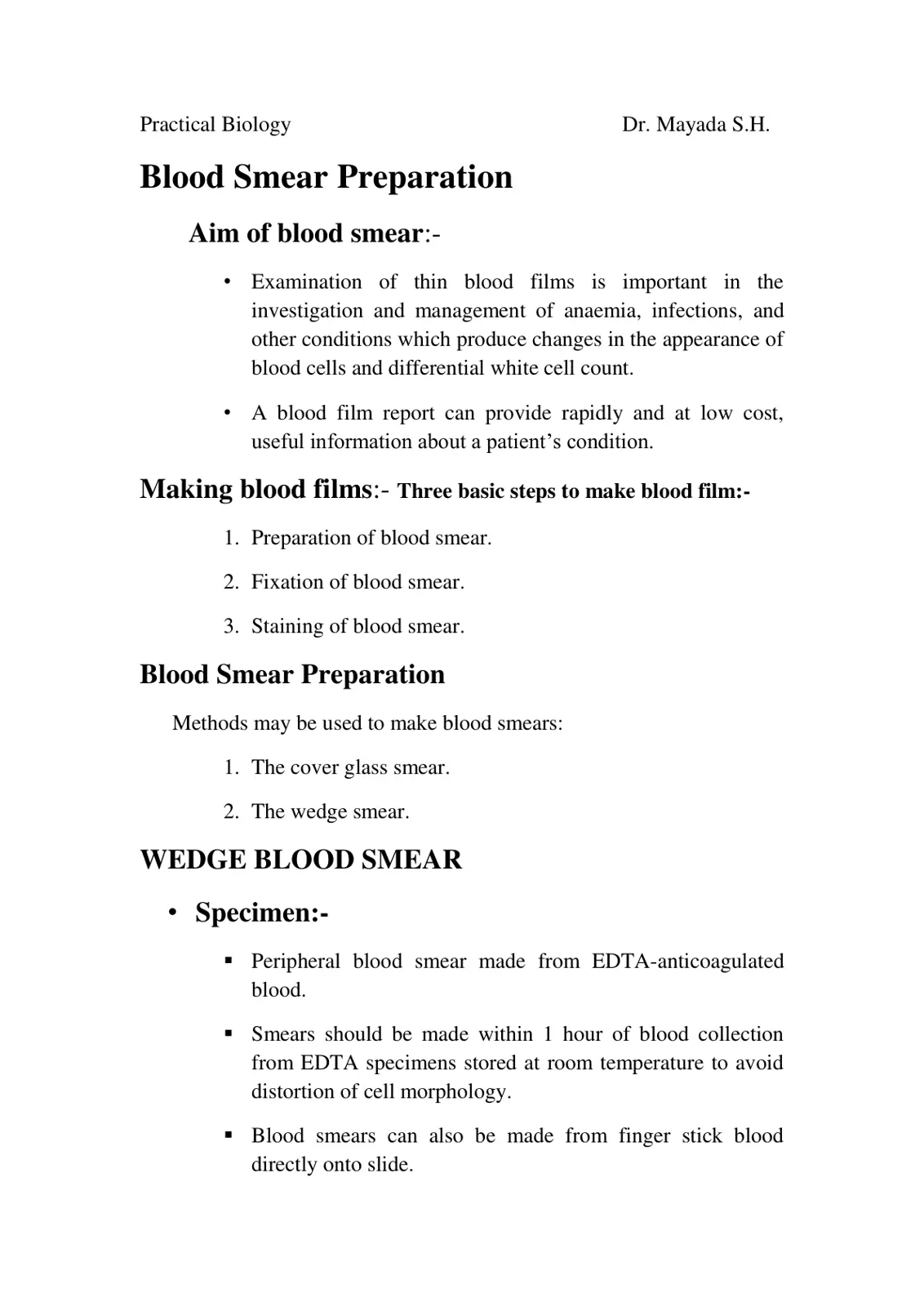 غلاف تقرير Practical Biology - Blood Smear Preparation
