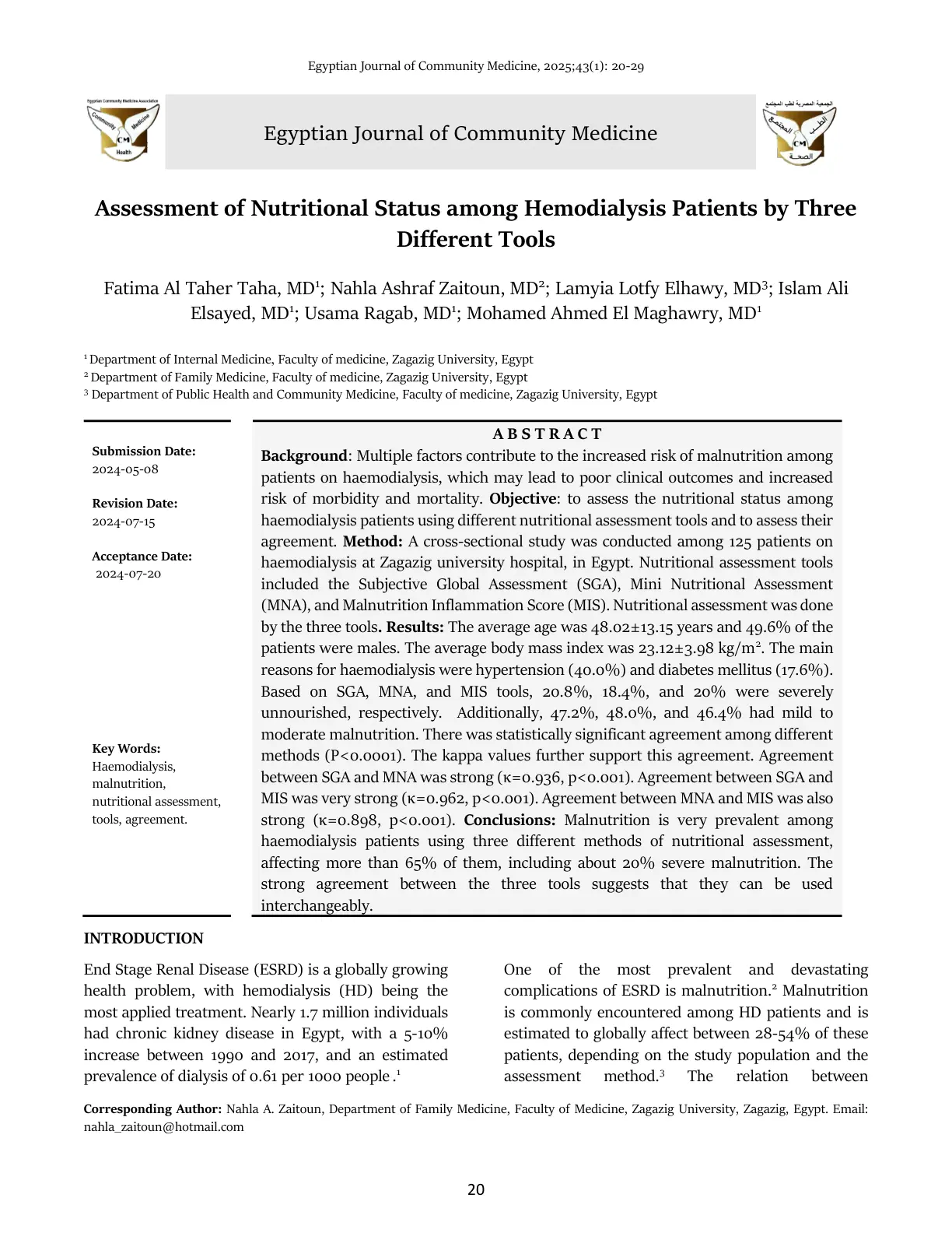 غلاف تقرير Assessment of Nutritional Status among Hemodialysis Patients by Three Different Tools