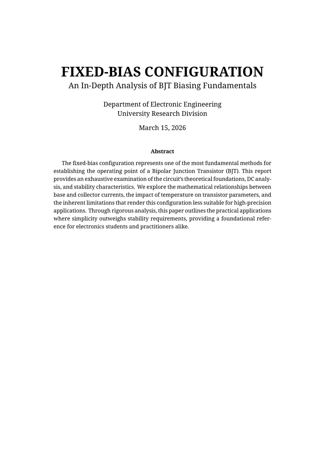 غلاف تقرير Fixed-Bias Configuration: An In-Depth Analysis of BJT Biasing Fundamentals