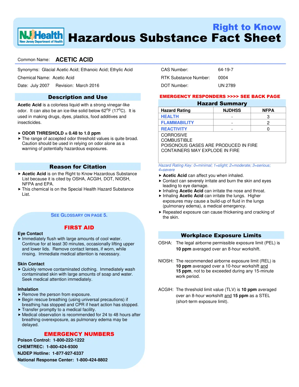 غلاف تقرير NJ Health Hazardous Substance Fact Sheet ACETIC ACID