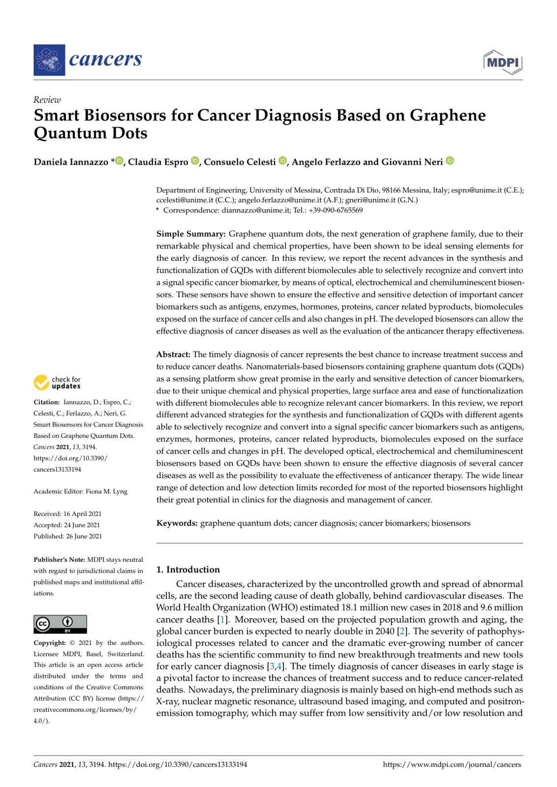 غلاف تقرير Smart Biosensors for Cancer Diagnosis Based on Graphene Quantum Dots