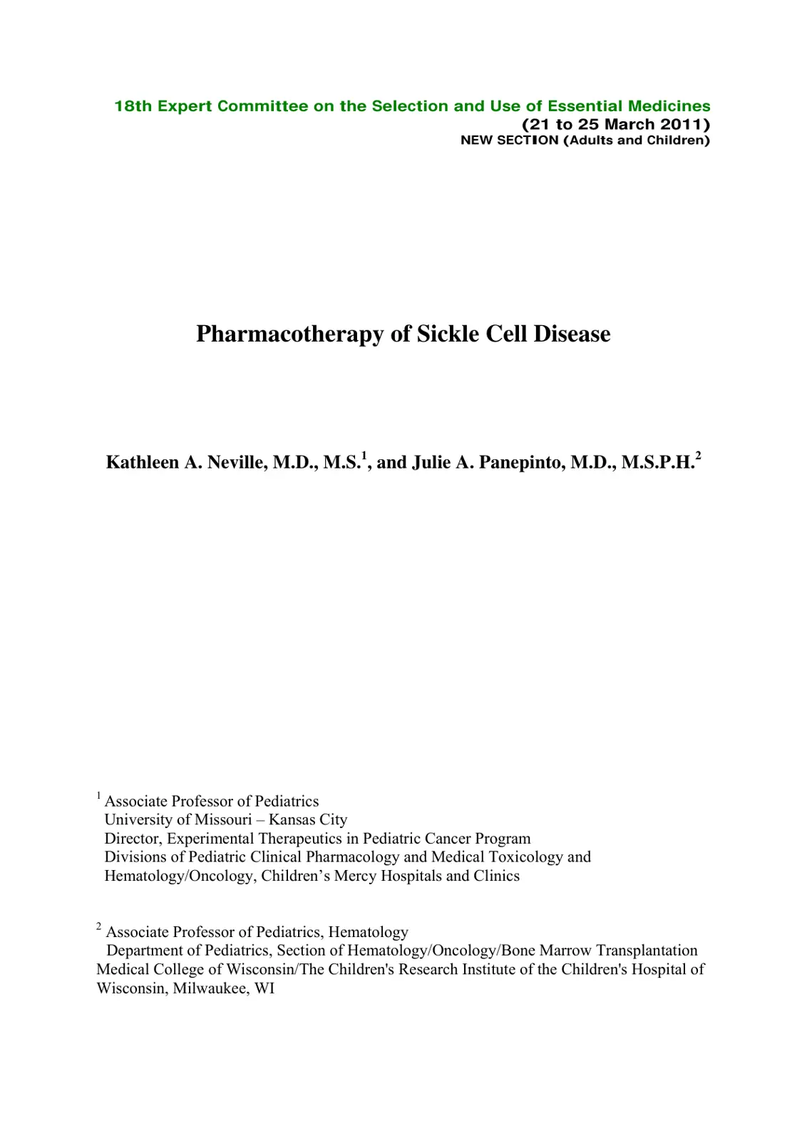 غلاف تقرير Pharmacotherapy of Sickle Cell Disease