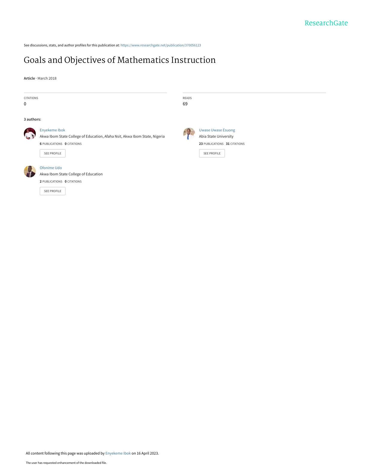 غلاف تقرير Goals and Objectives of Mathematics Instruction