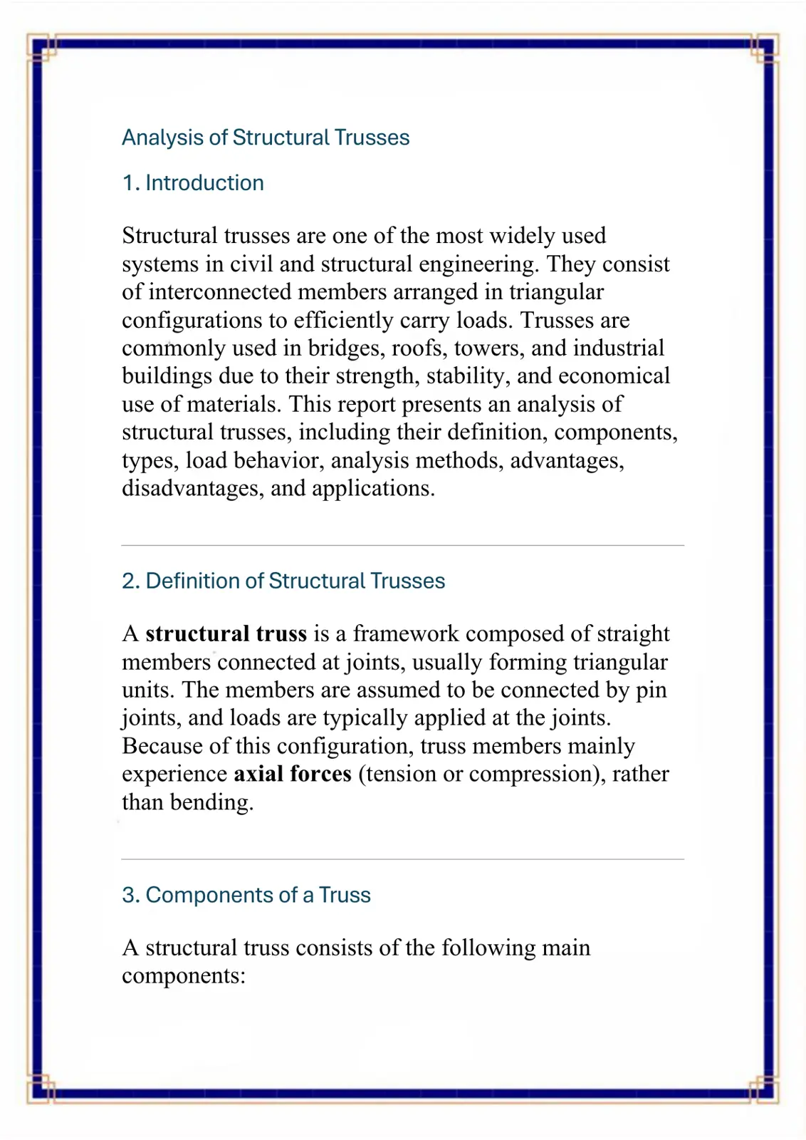 غلاف تقرير Analysis of Structural Trusses