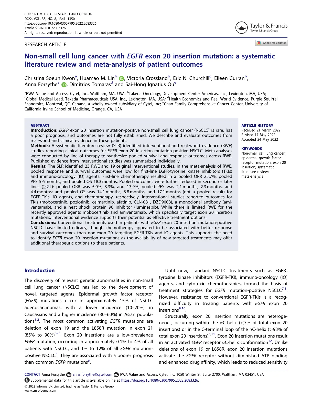 غلاف تقرير Non-small cell lung cancer with EGFR exon 20 insertion mutation: a systematic literature review and meta-analysis of patient outcomes