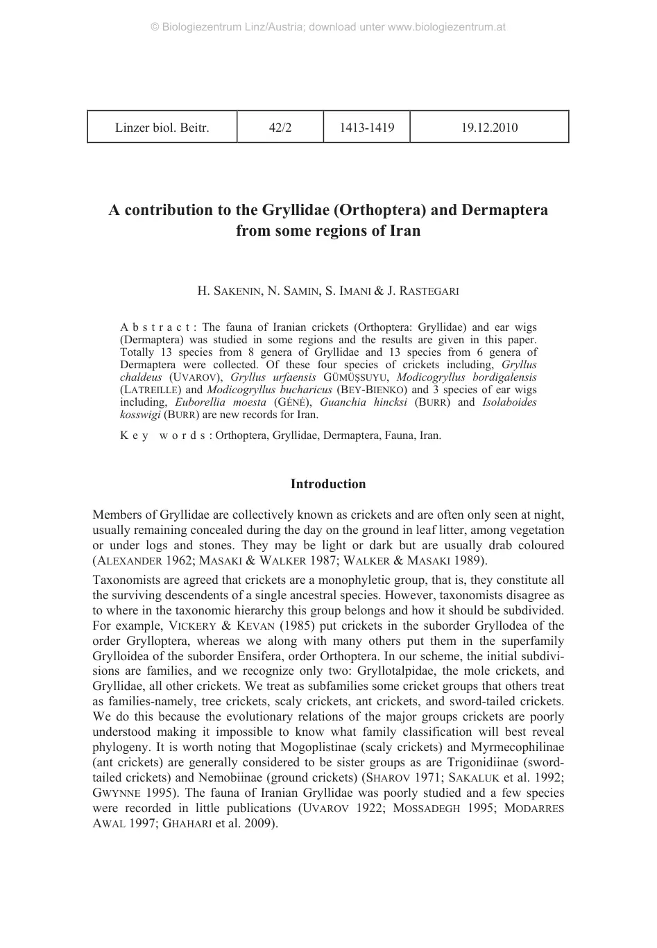 غلاف تقرير A contribution to the Gryllidae (Orthoptera) and Dermaptera from some regions of Iran