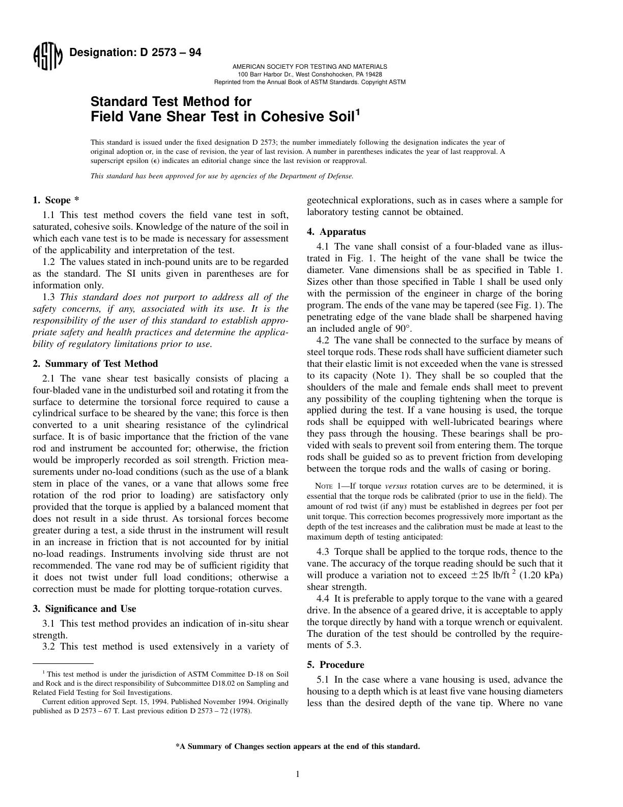 غلاف تقرير ASTM D 2573-94: Standard Test Method for Field Vane Shear Test in Cohesive Soil