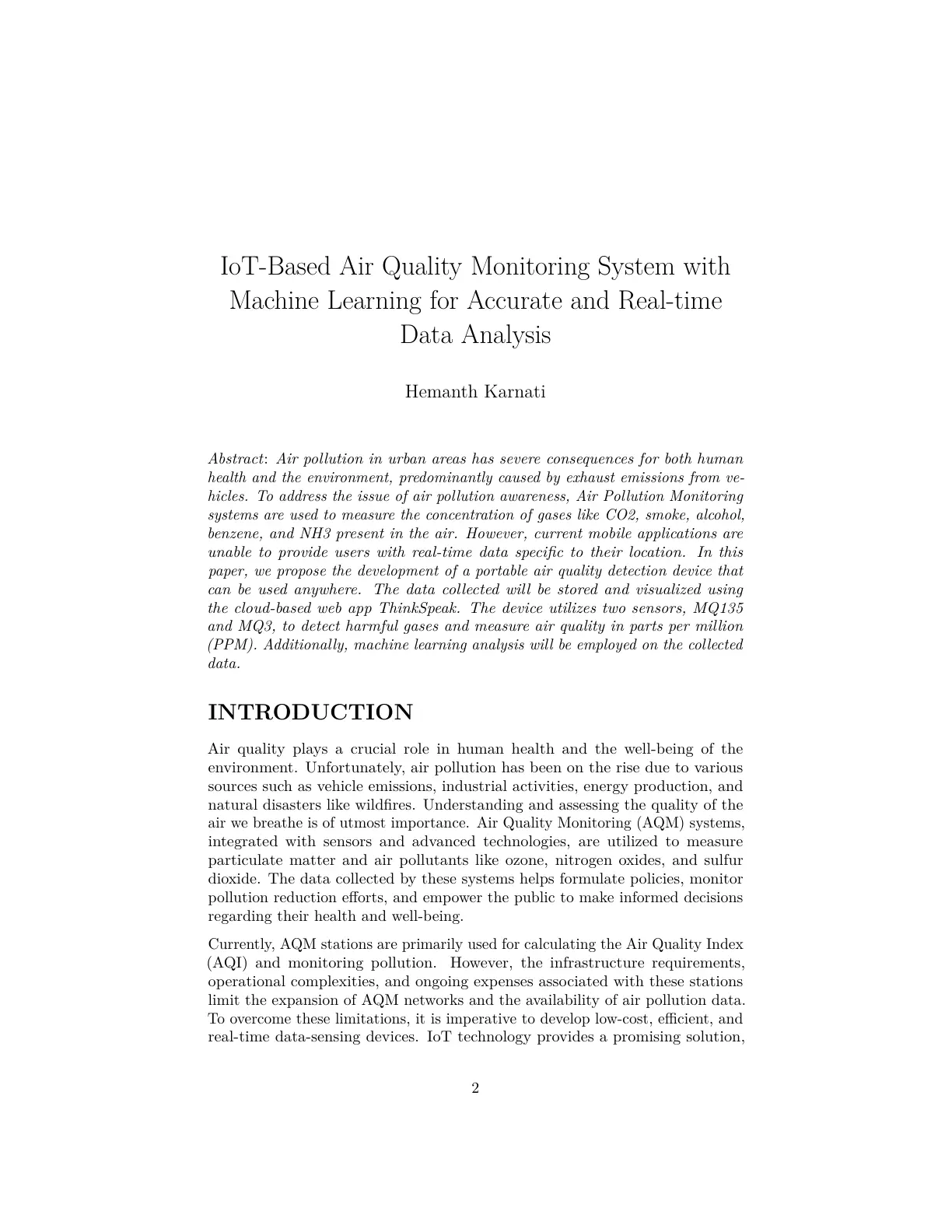 غلاف تقرير IoT- Based Air Quality Monitoring System with Machine Learning for Accurate and Real-time Data Analysis