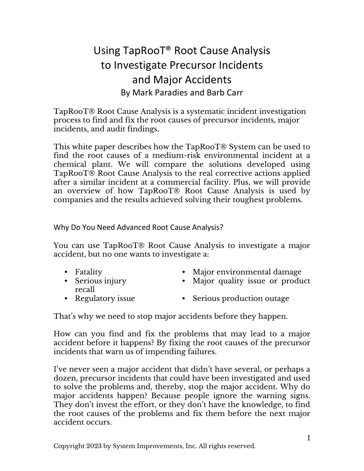 غلاف تقرير Using TapRooT® Root Cause Analysis to Investigate Precursor Incidents and Major Accidents