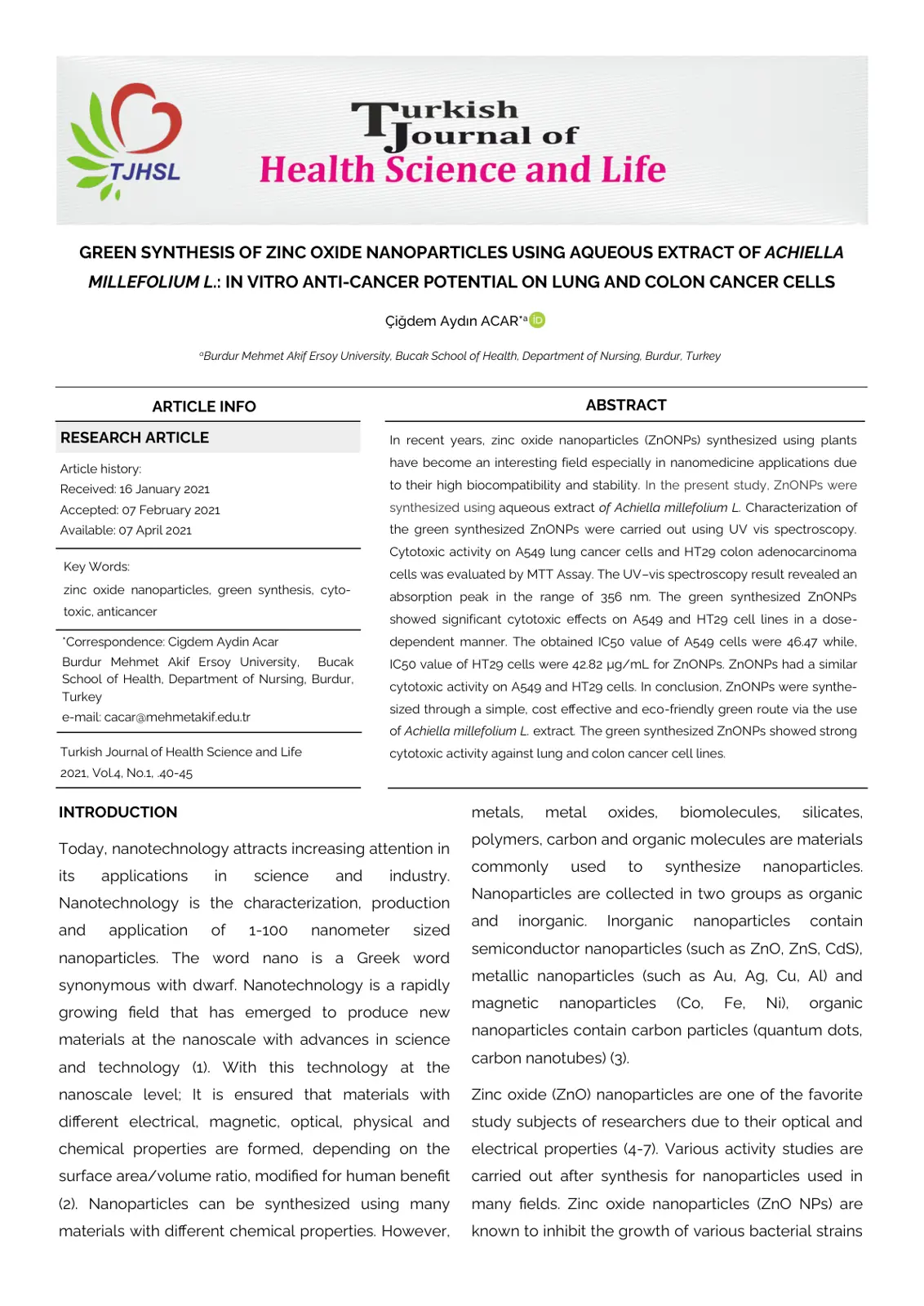 غلاف تقرير Green Synthesis of Zinc Oxide Nanoparticles Using Aqueous Extract of Achillea Millefolium L.: In Vitro Anti-Cancer Potential on Lung and Colon Cancer Cells