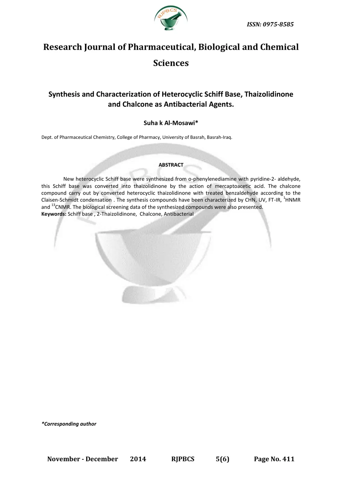 غلاف تقرير Synthesis and Characterization of Heterocyclic Schiff Base, Thaizolidinone and Chalcone as Antibacterial Agents.