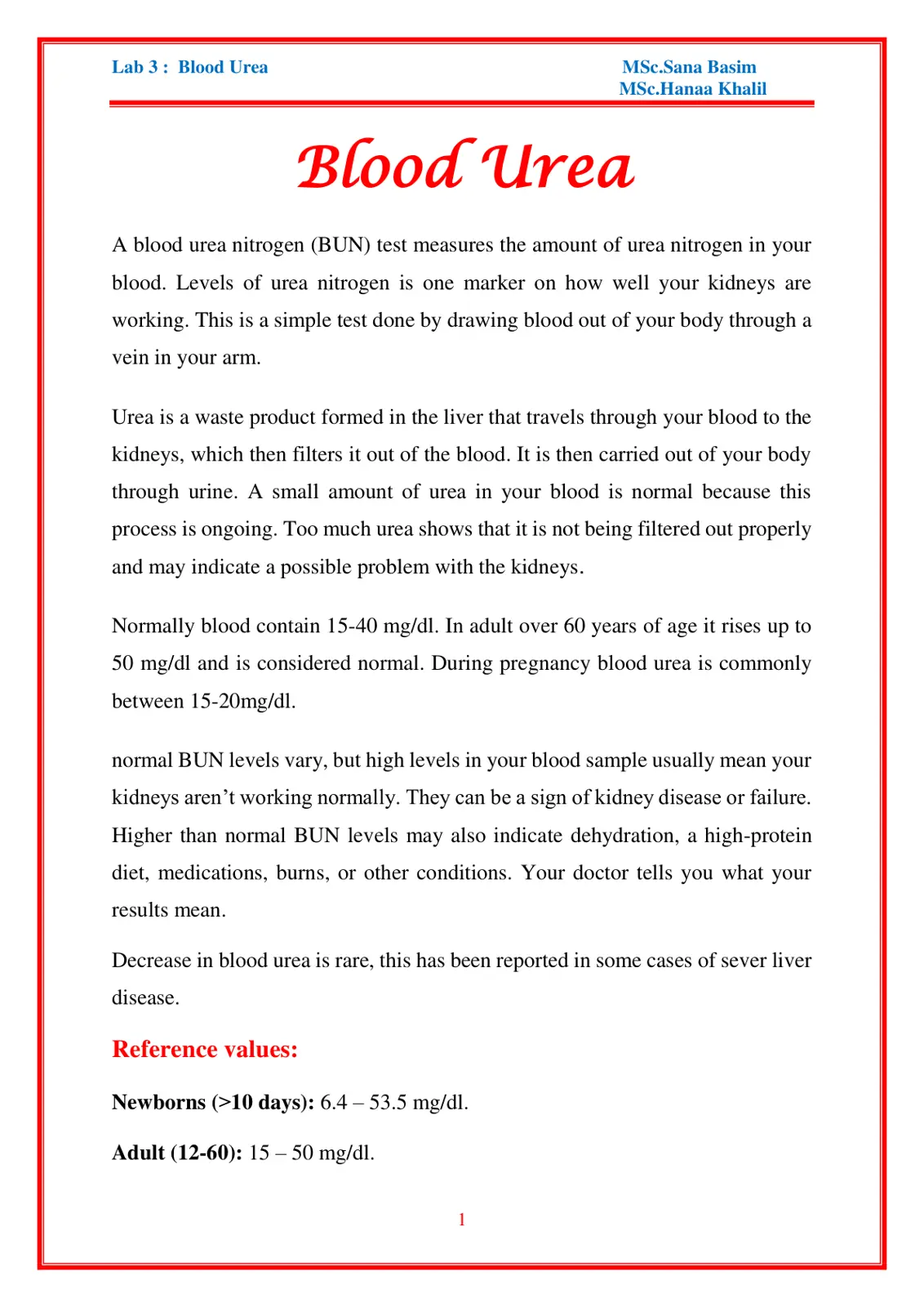 غلاف تقرير Blood Urea