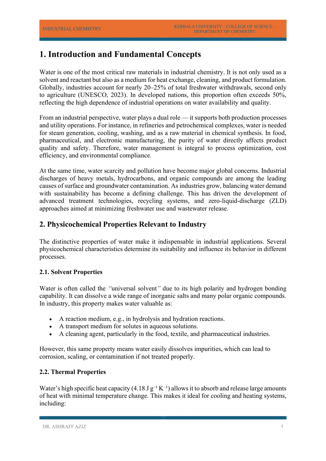 غلاف تقرير INDUSTRIAL CHEMISTRY - Water in Industrial Chemistry