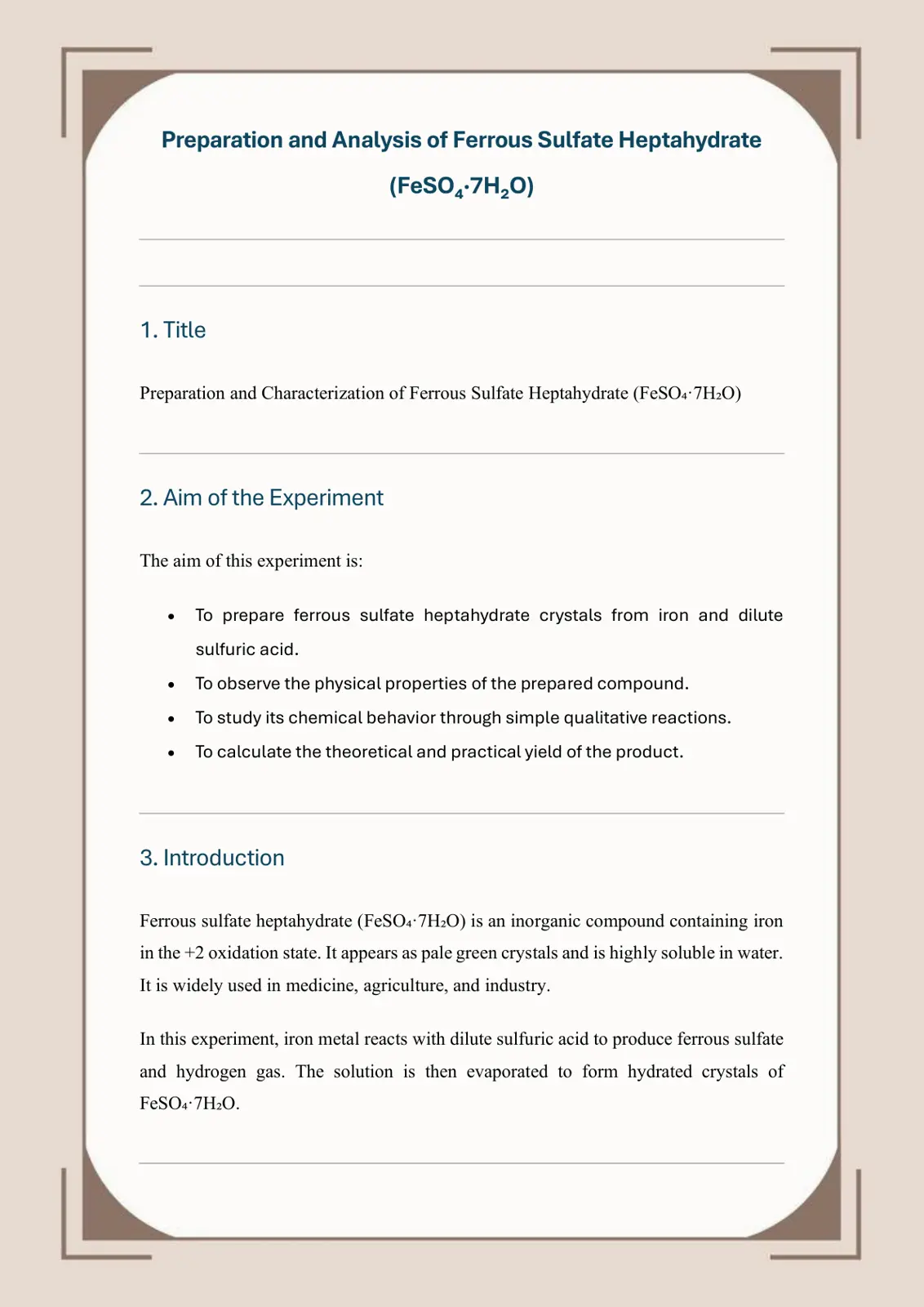 غلاف تقرير Preparation and Analysis of Ferrous Sulfate Heptahydrate (FeSO4·7H2O)