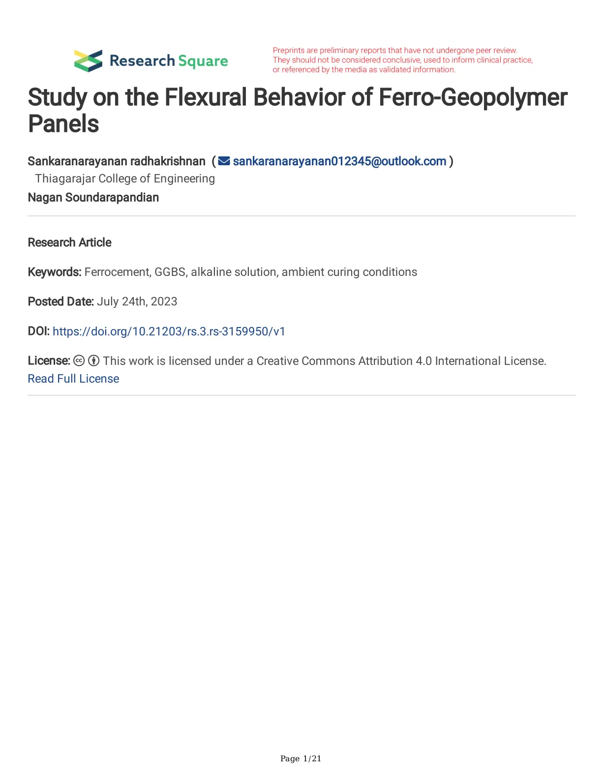 غلاف تقرير Study on the Flexural Behavior of Ferro-Geopolymer Panels