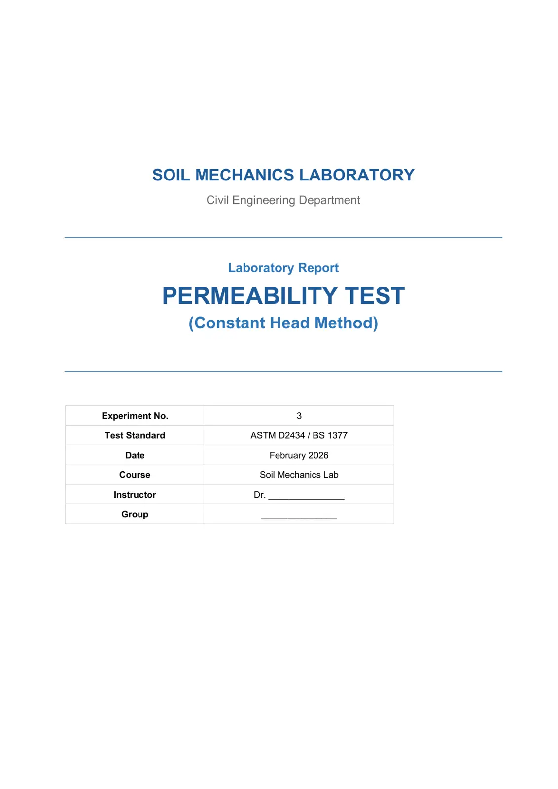 غلاف تقرير PERMEABILITY TEST (Constant Head Method)