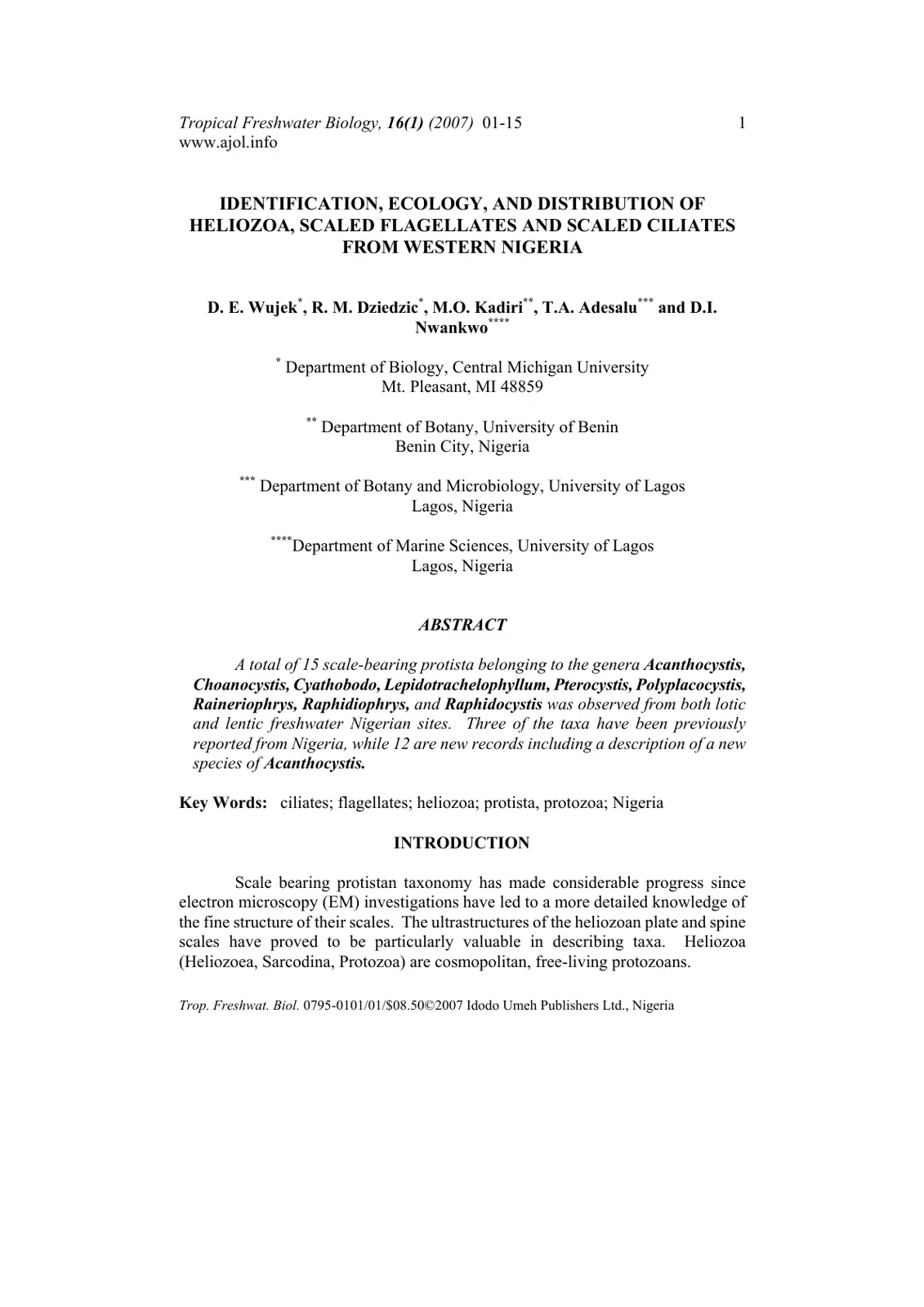 غلاف تقرير Identification, Ecology, and Distribution of Heliozoa, Scaled Flagellates and Scaled Ciliates from Western Nigeria