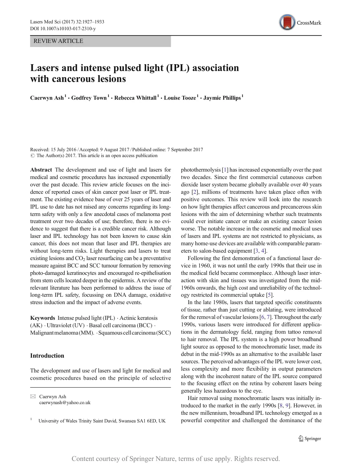 غلاف تقرير Lasers and Intense Pulsed Light (IPL) Association with Cancerous Lesions