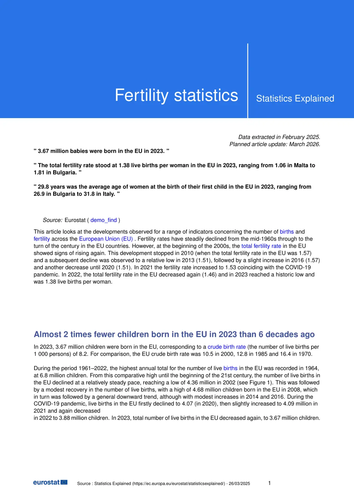 غلاف تقرير Fertility statistics Statistics Explained