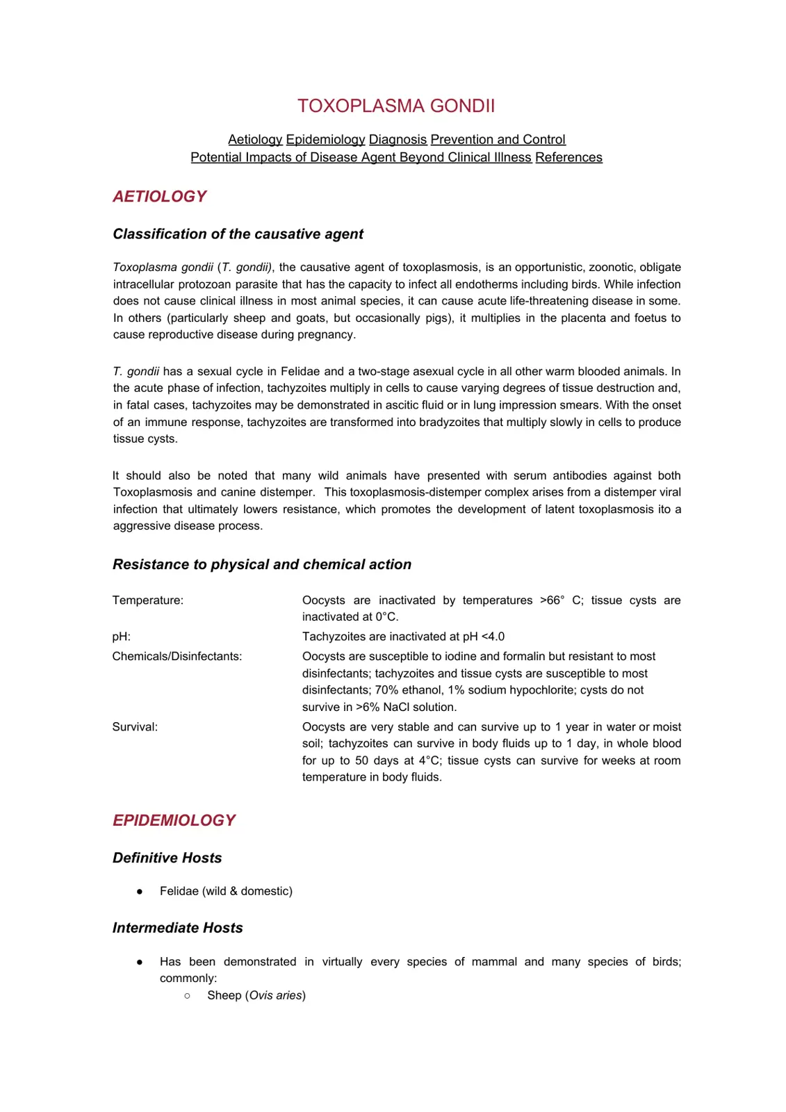 غلاف تقرير Toxoplasma gondii: Aetiology, Epidemiology, Diagnosis, Prevention and Control