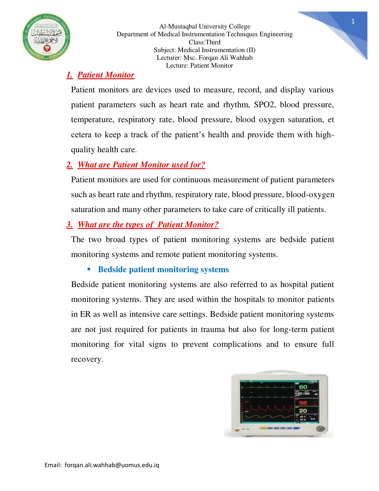 غلاف تقرير Patient Monitor - Medical Instrumentation (II)