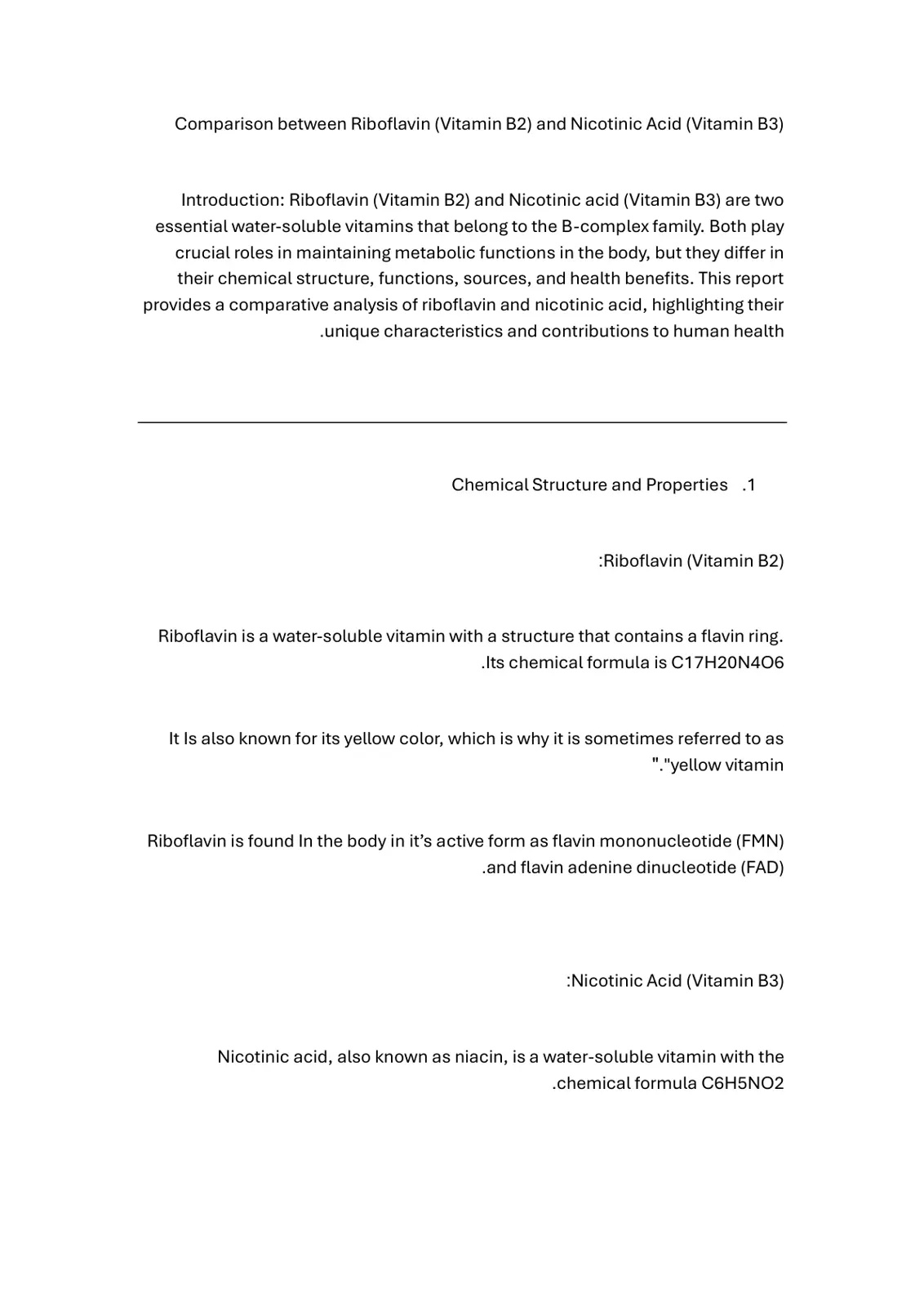 غلاف تقرير Comparison between Riboflavin (Vitamin B2) and Nicotinic Acid (Vitamin B3)