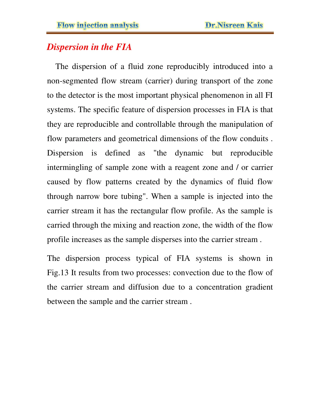 غلاف تقرير Flow injection analysis Dispersion in the FIA