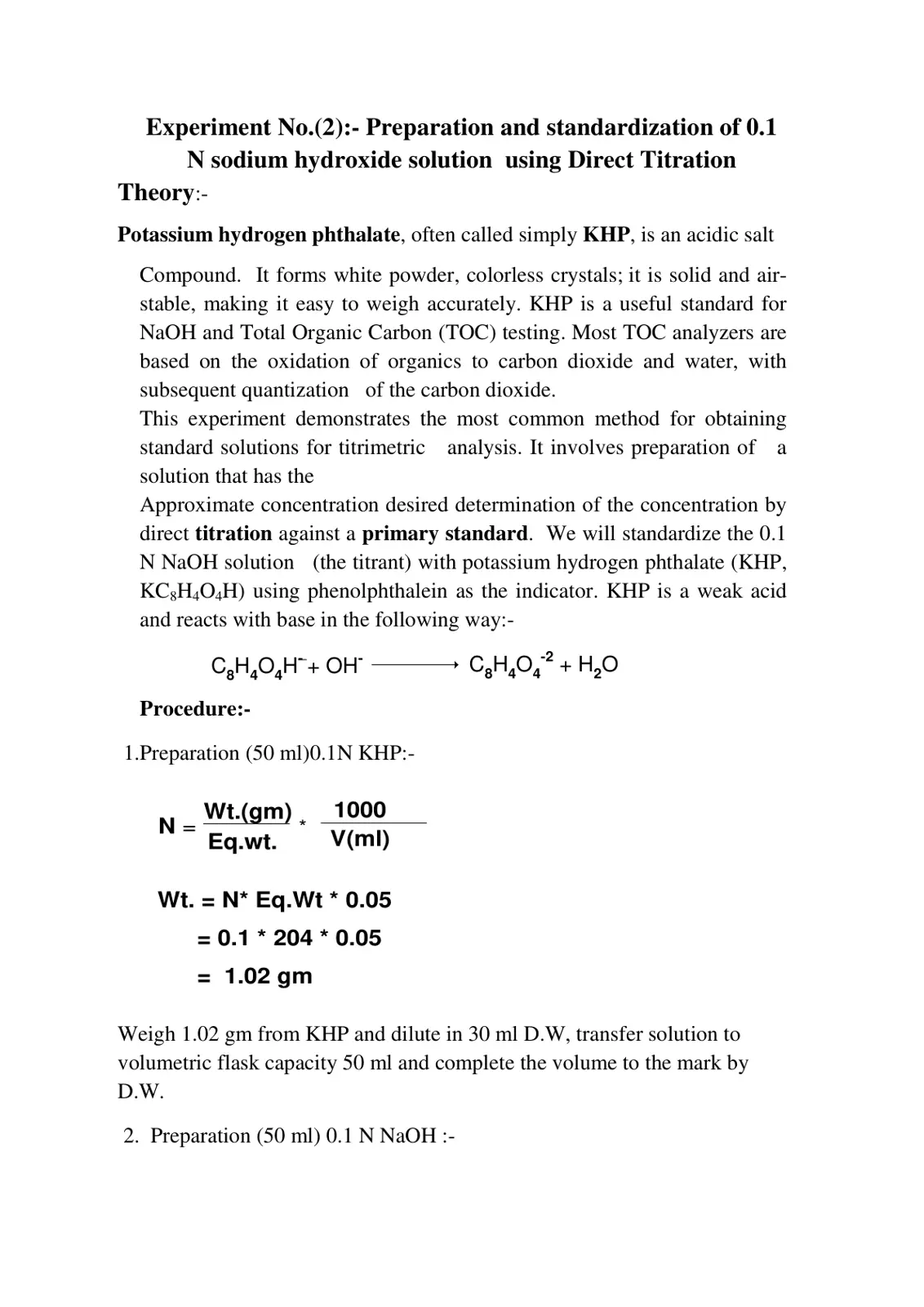 غلاف تقرير Preparation and standardization of 0.1 N sodium hydroxide solution using Direct Titration
