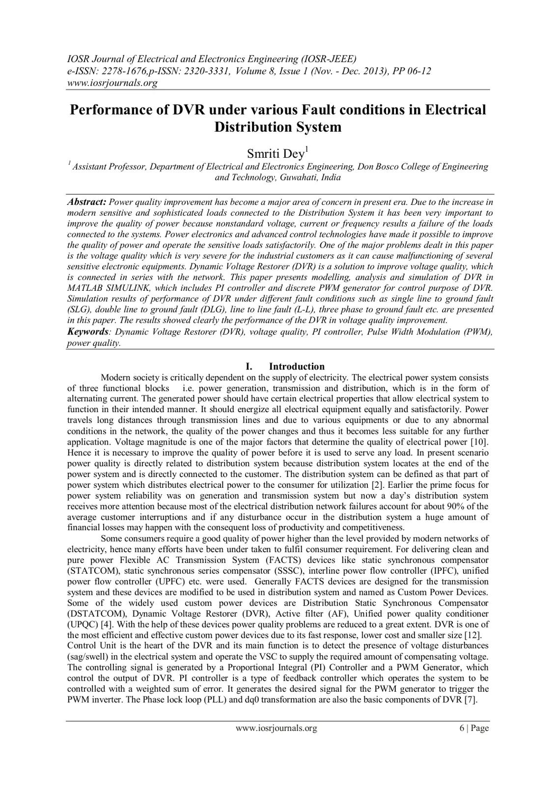 غلاف تقرير Performance of DVR under various Fault conditions in Electrical Distribution System